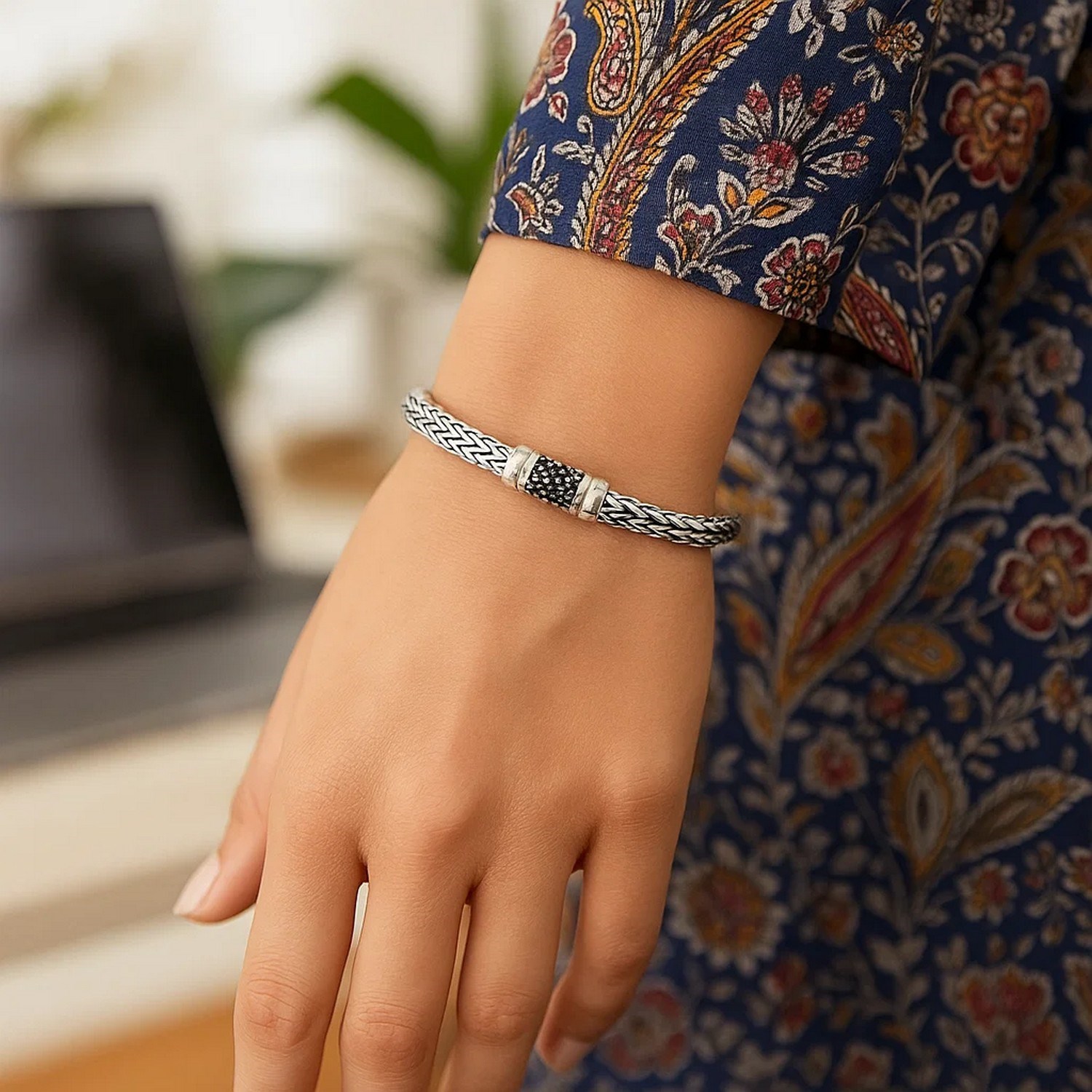 Sterling Silver Weave Style Bracelet with Black Sapphire Accents (7.10 mm) - Image 2