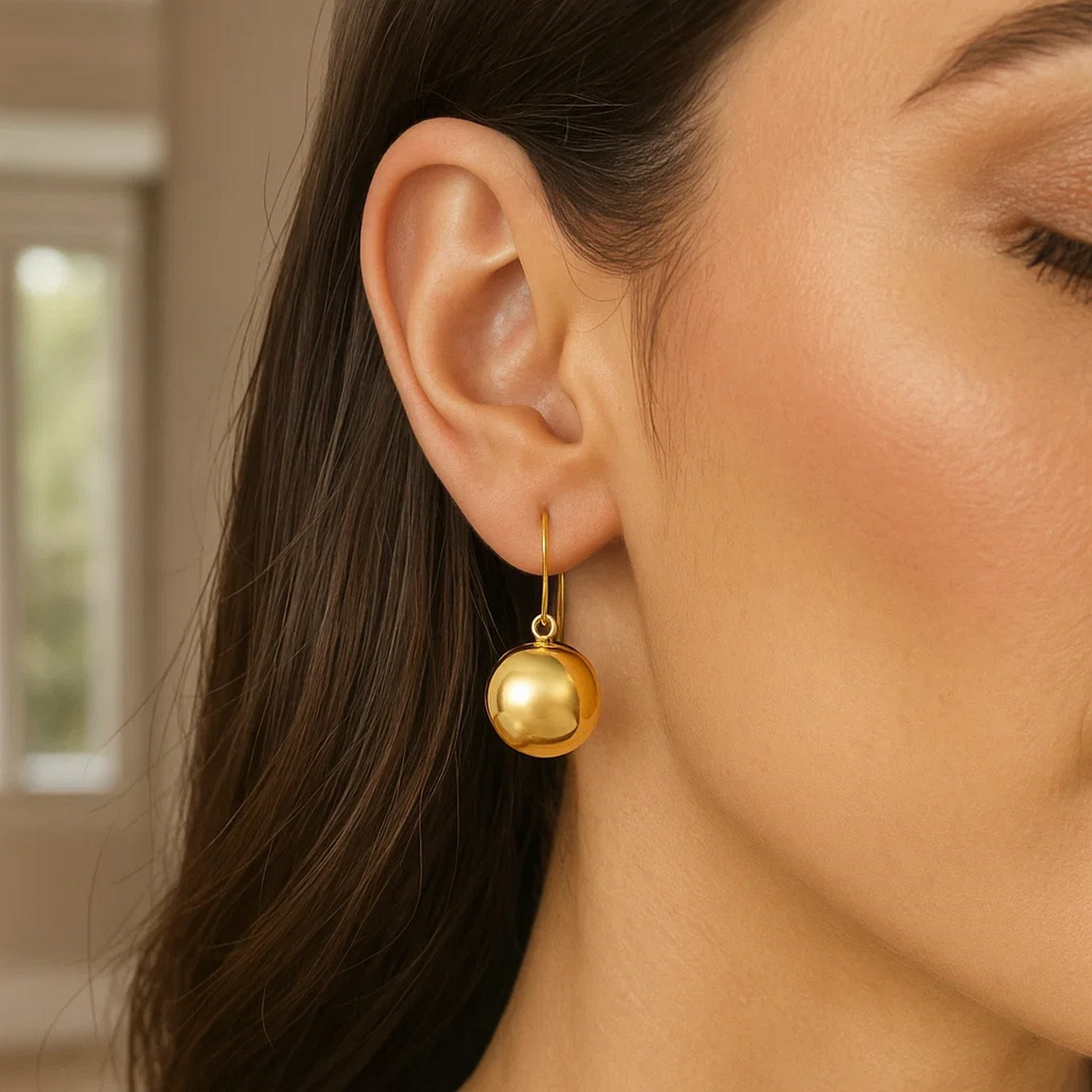 14k Yellow Gold Puffed Circle Shape Drop Earrings - Image 3