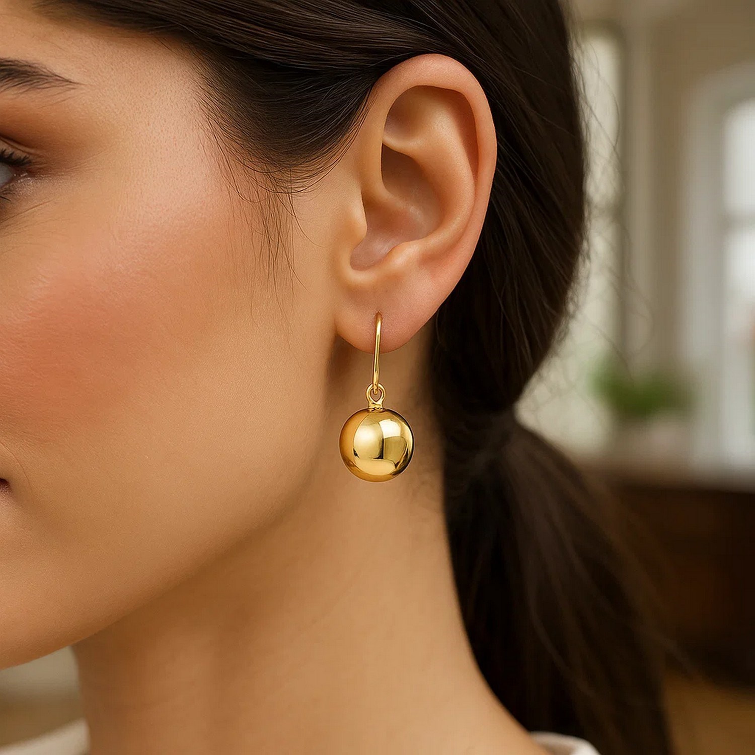 14k Yellow Gold Puffed Circle Shape Drop Earrings - Image 4