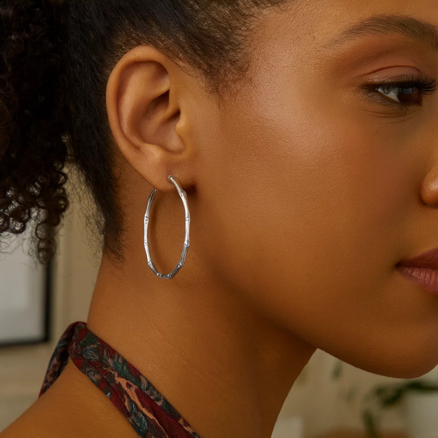 Sterling Silver Rhodium Plated Bamboo Hoop Earrings - Image 2