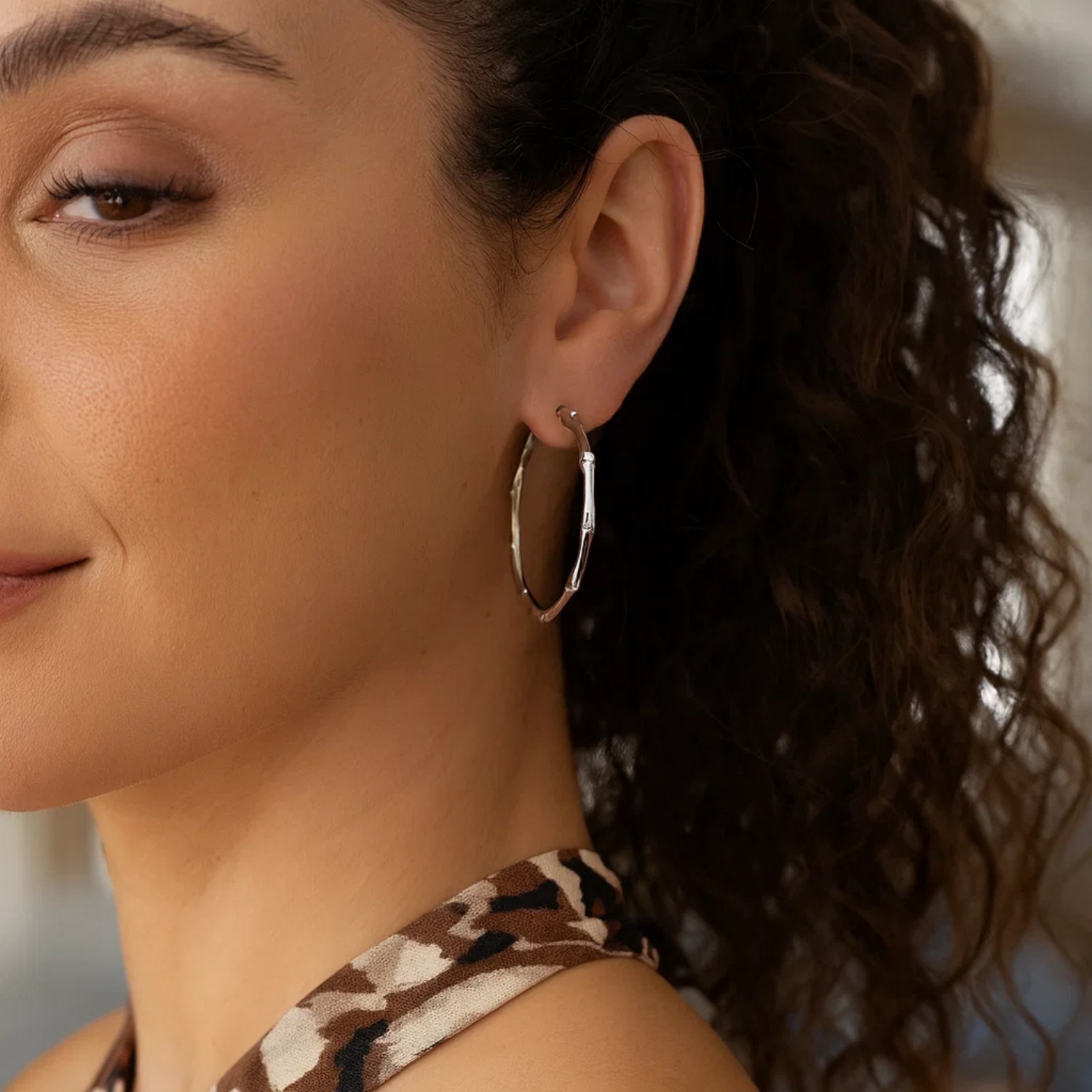 Sterling Silver Rhodium Plated Bamboo Hoop Earrings - Image 3