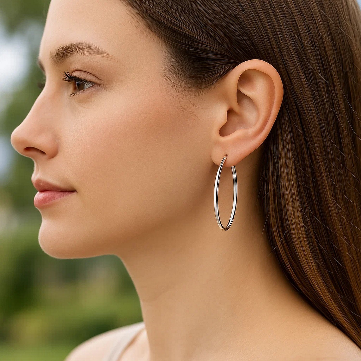 14k White Gold Slim Oval Shape Hoop Earrings - Image 3