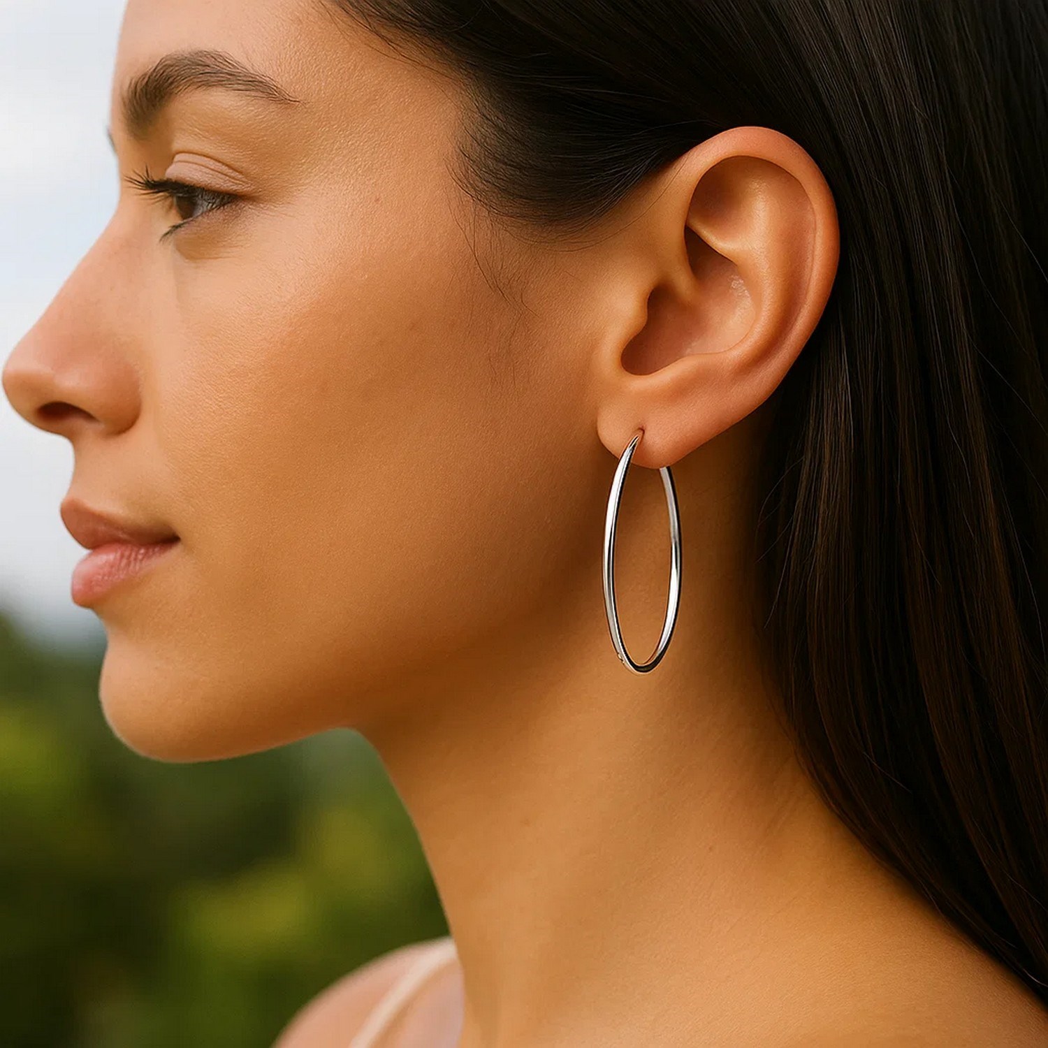 14k White Gold Slim Oval Shape Hoop Earrings - Image 4