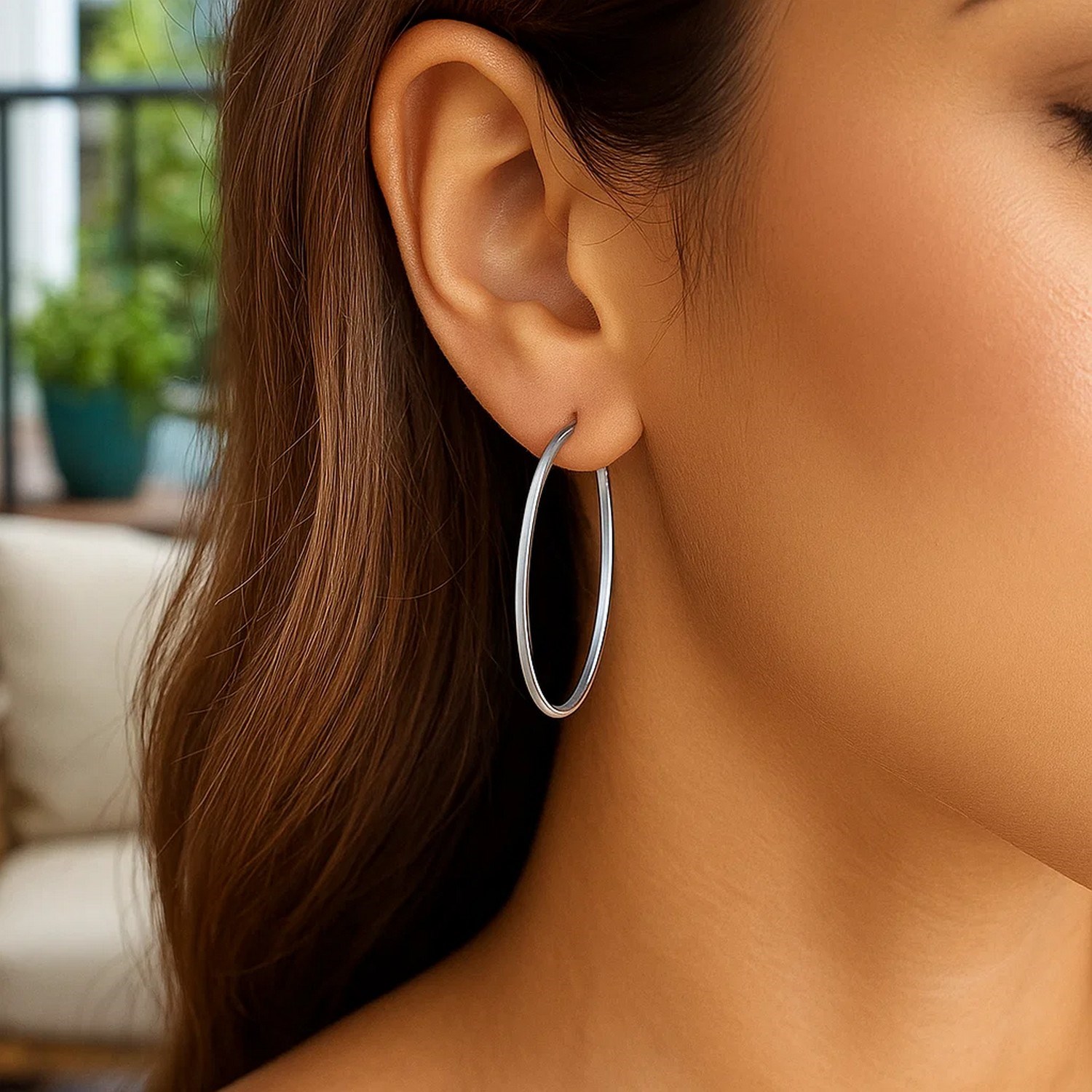 14k White Gold Slim Oval Shape Hoop Earrings - Image 5