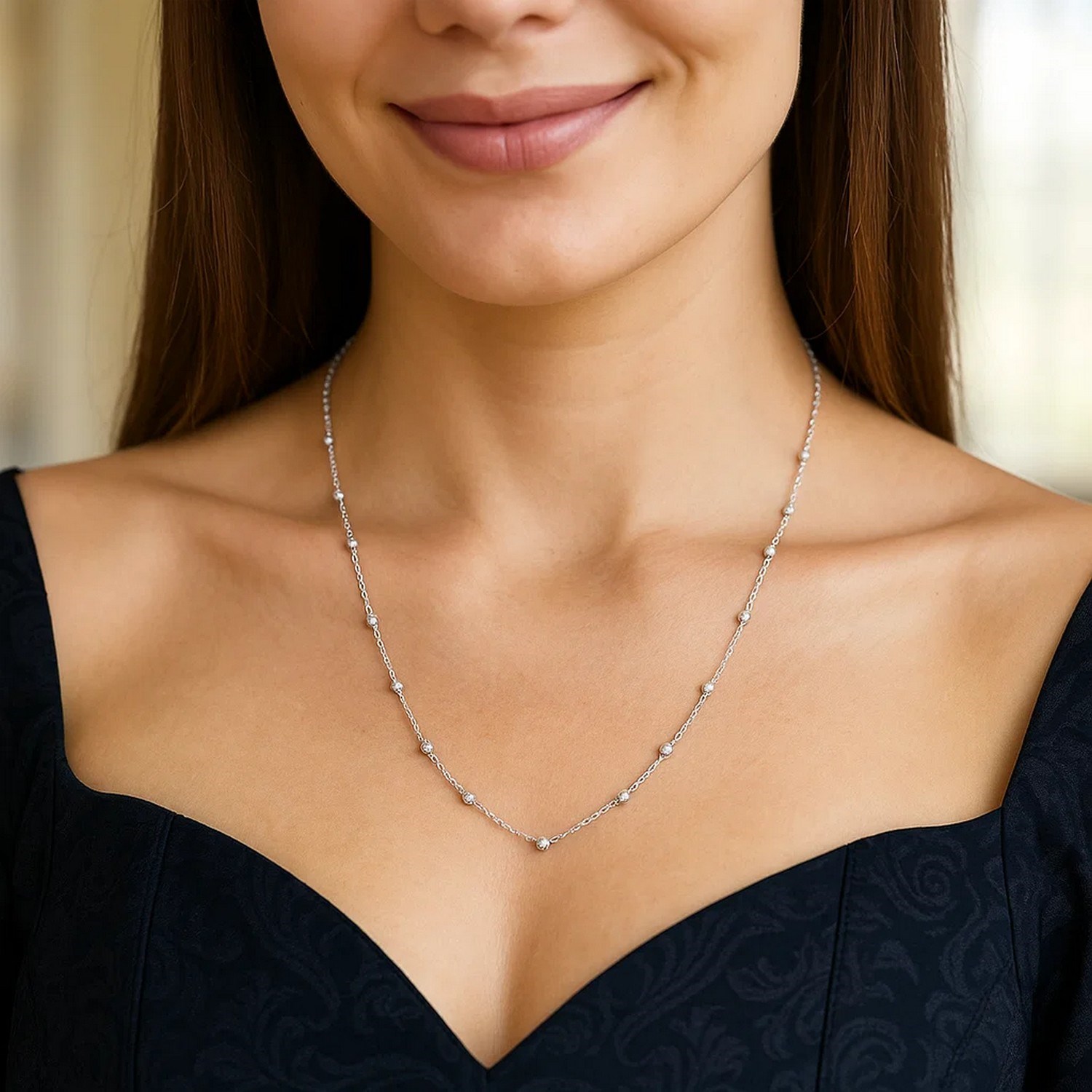 14K White Gold Saturn Bead Chain Necklace - Image 3