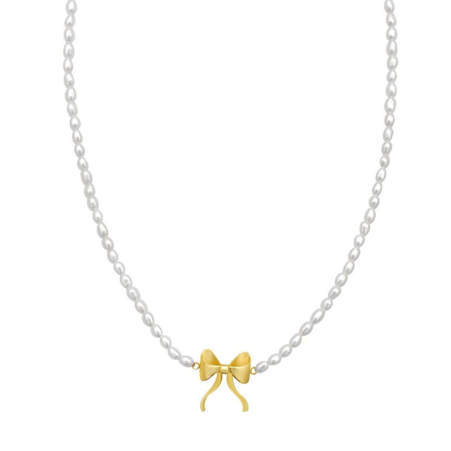 14K Yellow Gold Bow and Pearl Necklace - Image 2