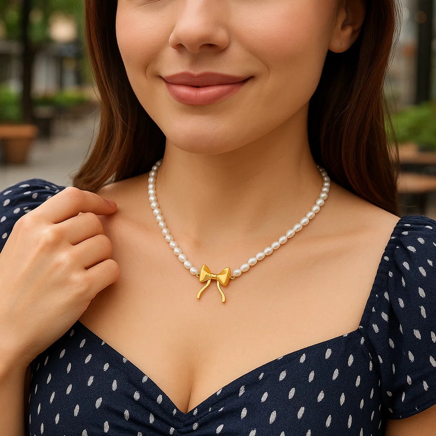 14K Yellow Gold Bow and Pearl Necklace - Image 4