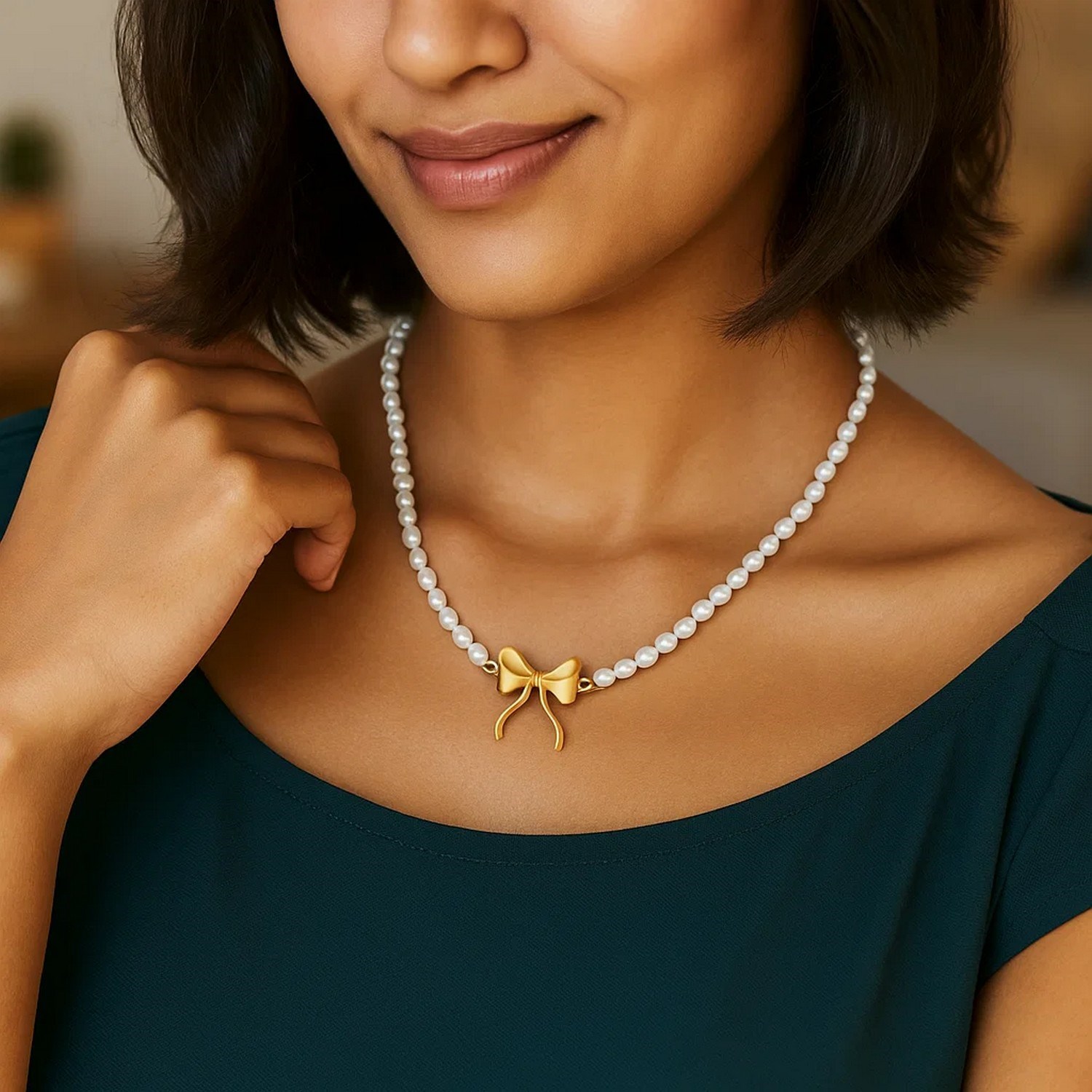 14K Yellow Gold Bow and Pearl Necklace - Image 6