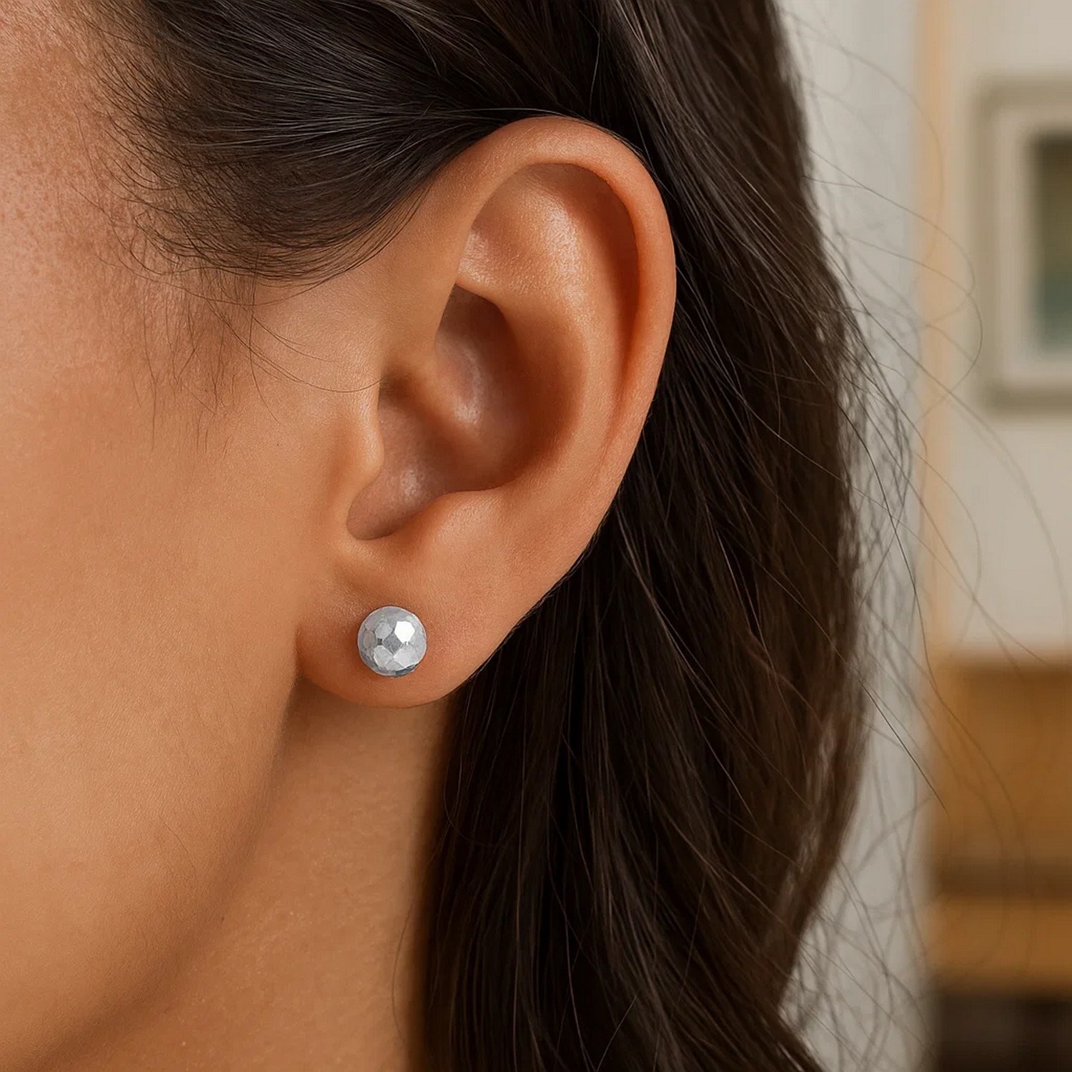 14k White Gold Ball Earrings with Faceted Texture(7mm) - Image 4