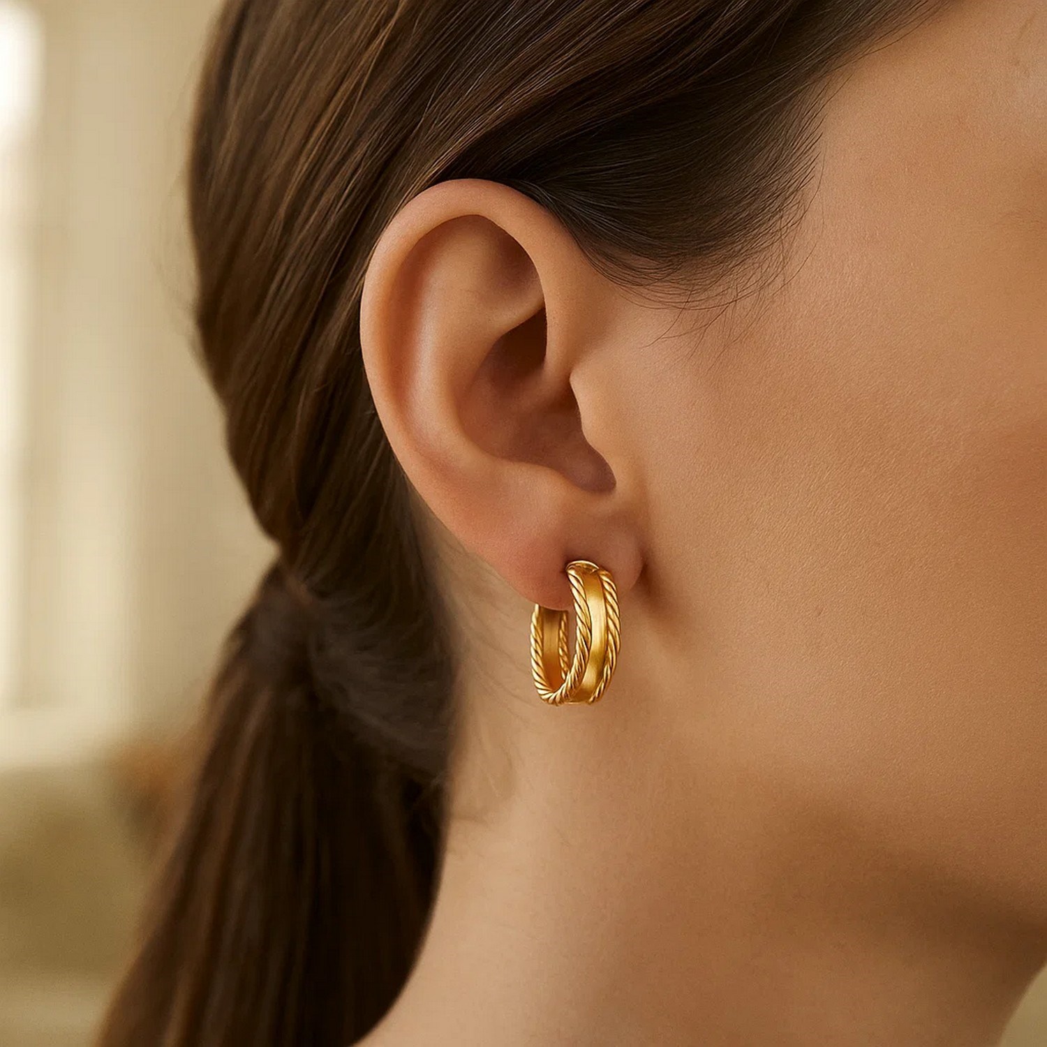 14K Yellow Gold Triple Row Hoop Earrings - Image 2