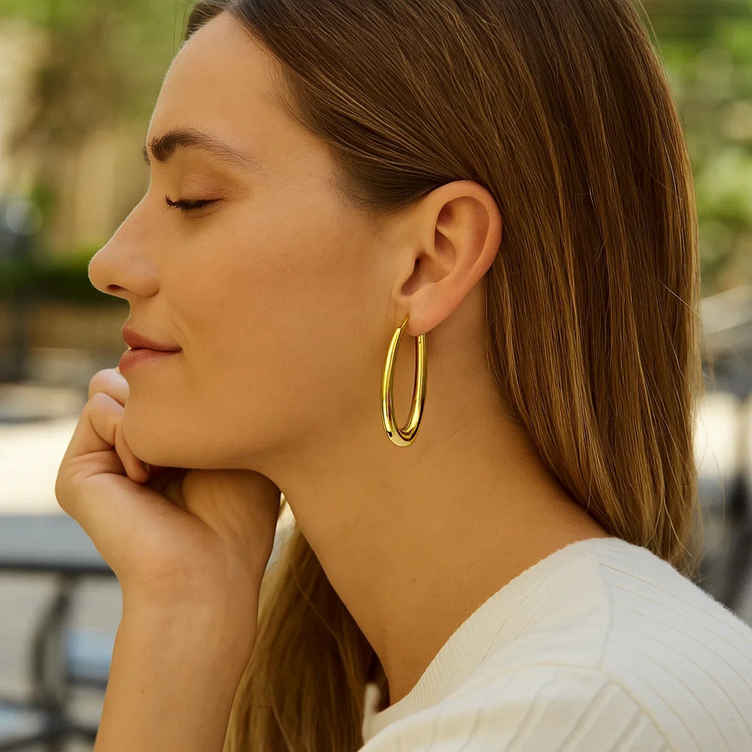 14k Yellow Gold Elongated Oval Hoops - Image 4
