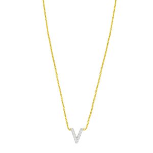 14K Yellow Gold Mini Diamond V Initial Pendant Necklace