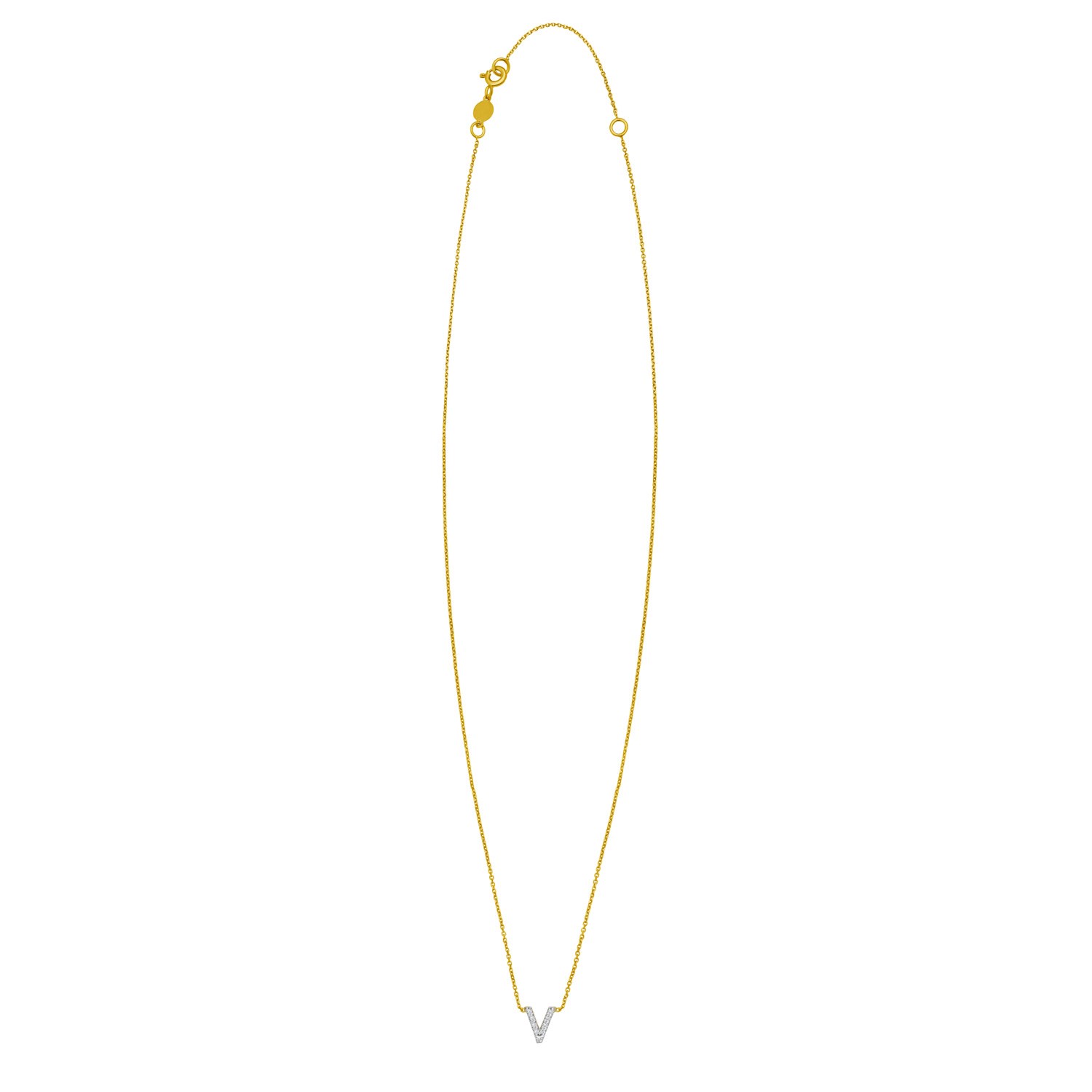 14K Yellow Gold Mini Diamond V Initial Pendant Necklace - Image 2