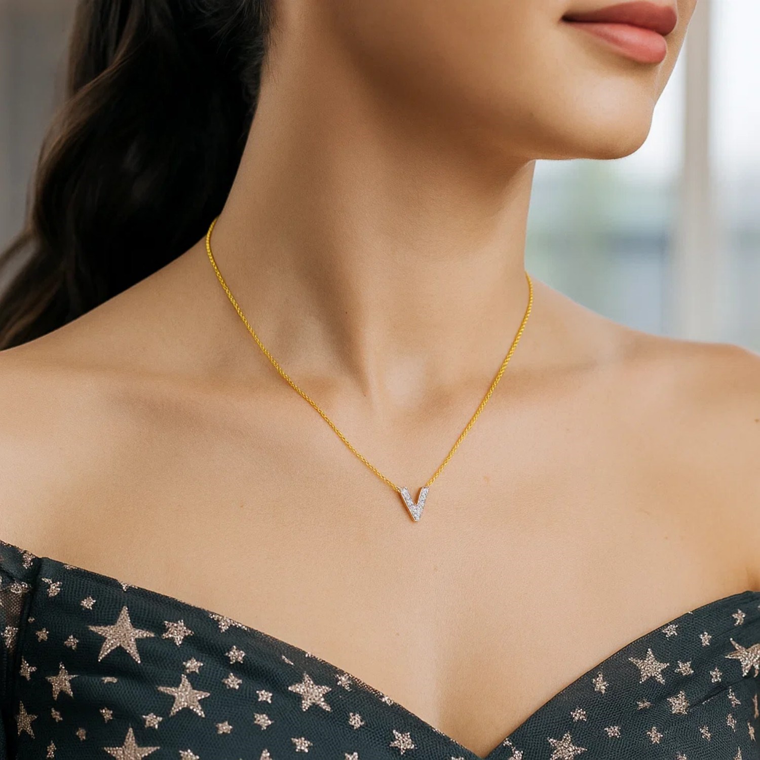 14K Yellow Gold Mini Diamond V Initial Pendant Necklace - Image 4