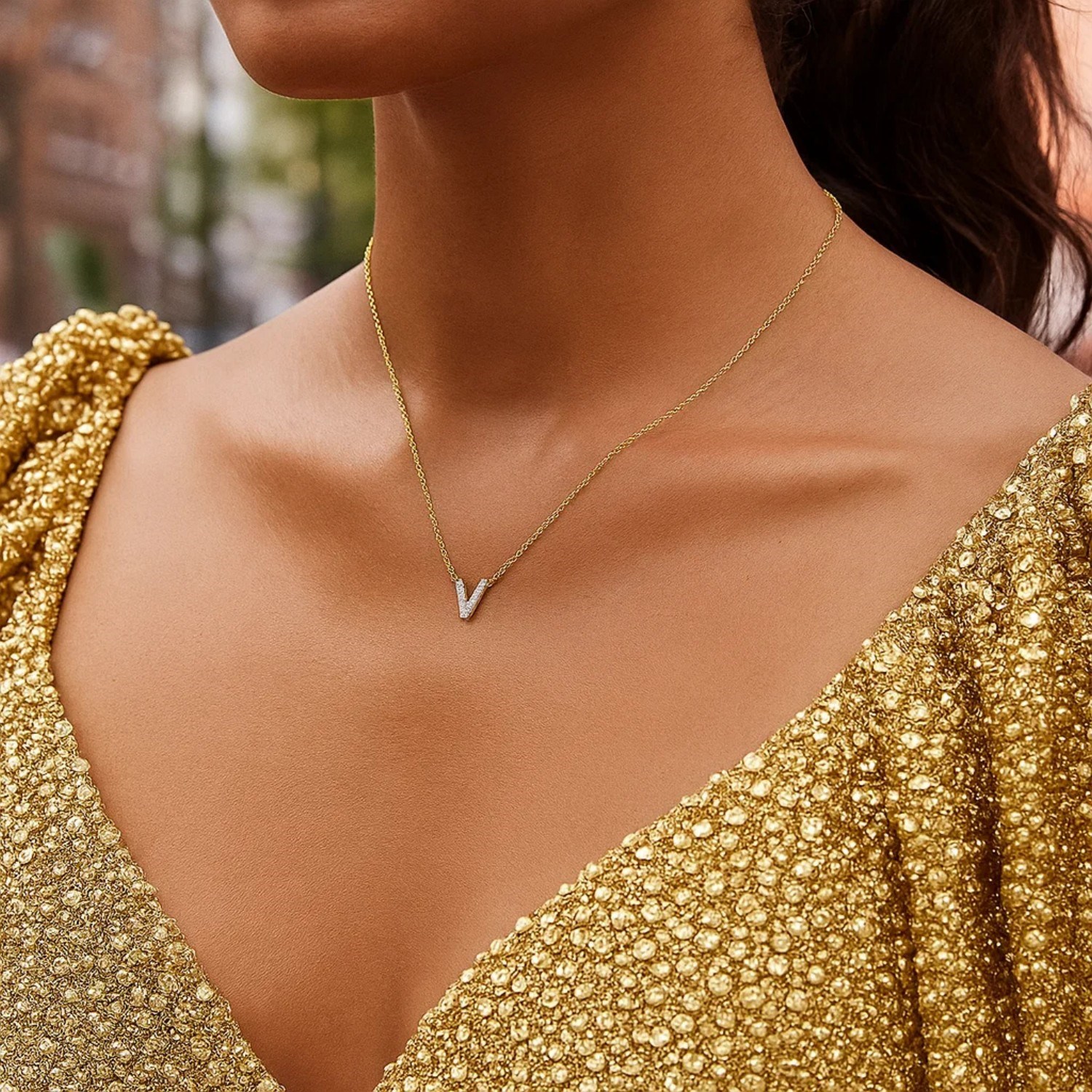 14K Yellow Gold Mini Diamond V Initial Pendant Necklace - Image 5