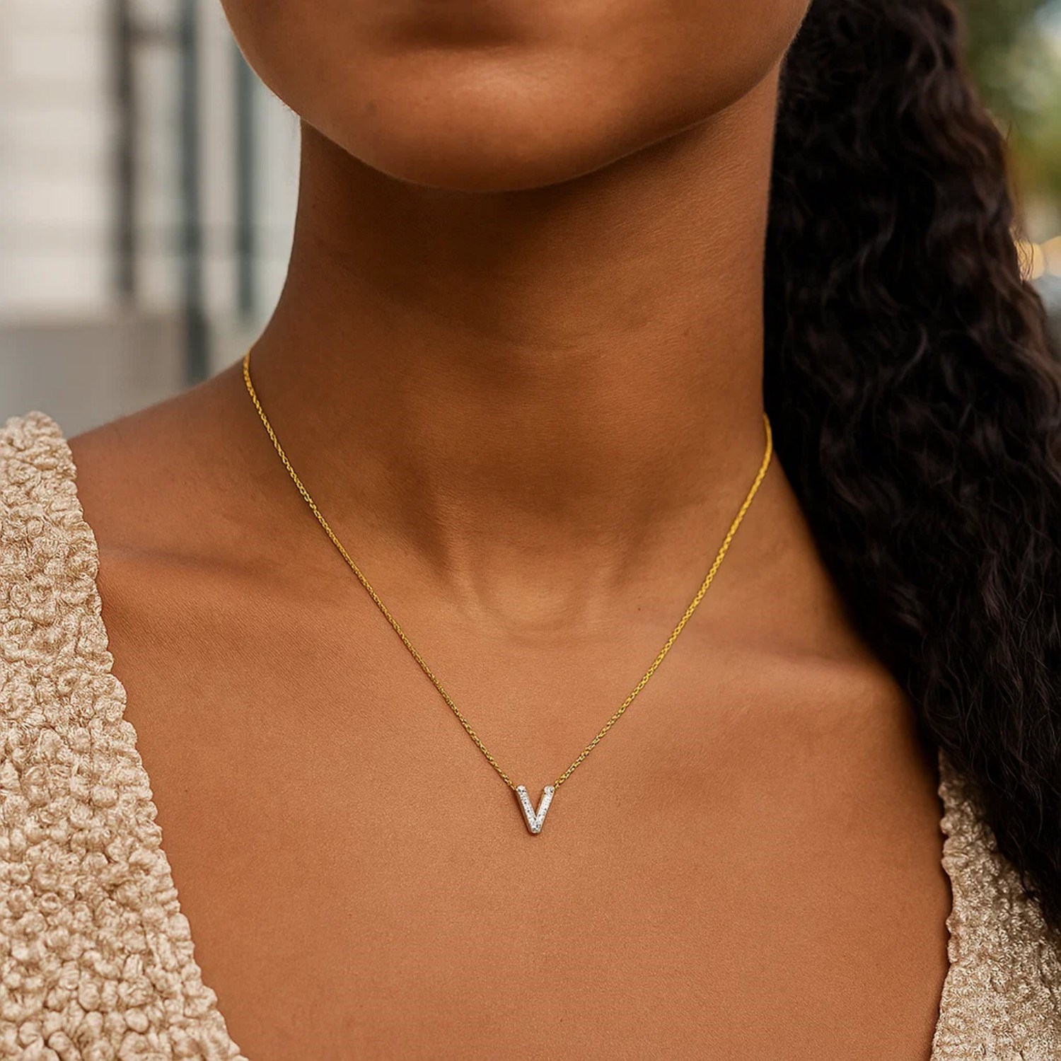 14K Yellow Gold Mini Diamond V Initial Pendant Necklace - Image 6