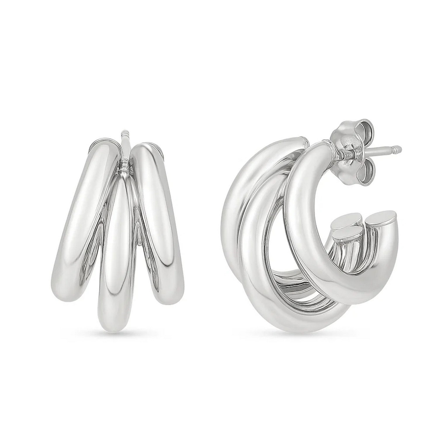 Sterling Silver Triple Barrelled Strand Hoop Earrings - Image 2