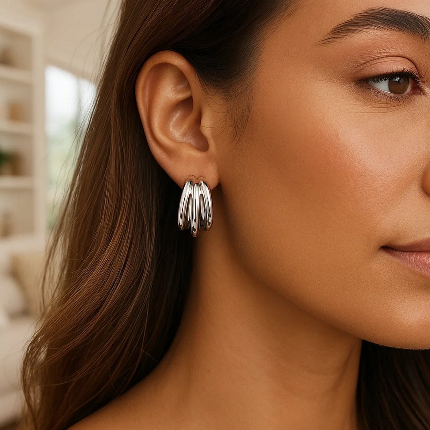 Sterling Silver Triple Barrelled Strand Hoop Earrings - Image 3