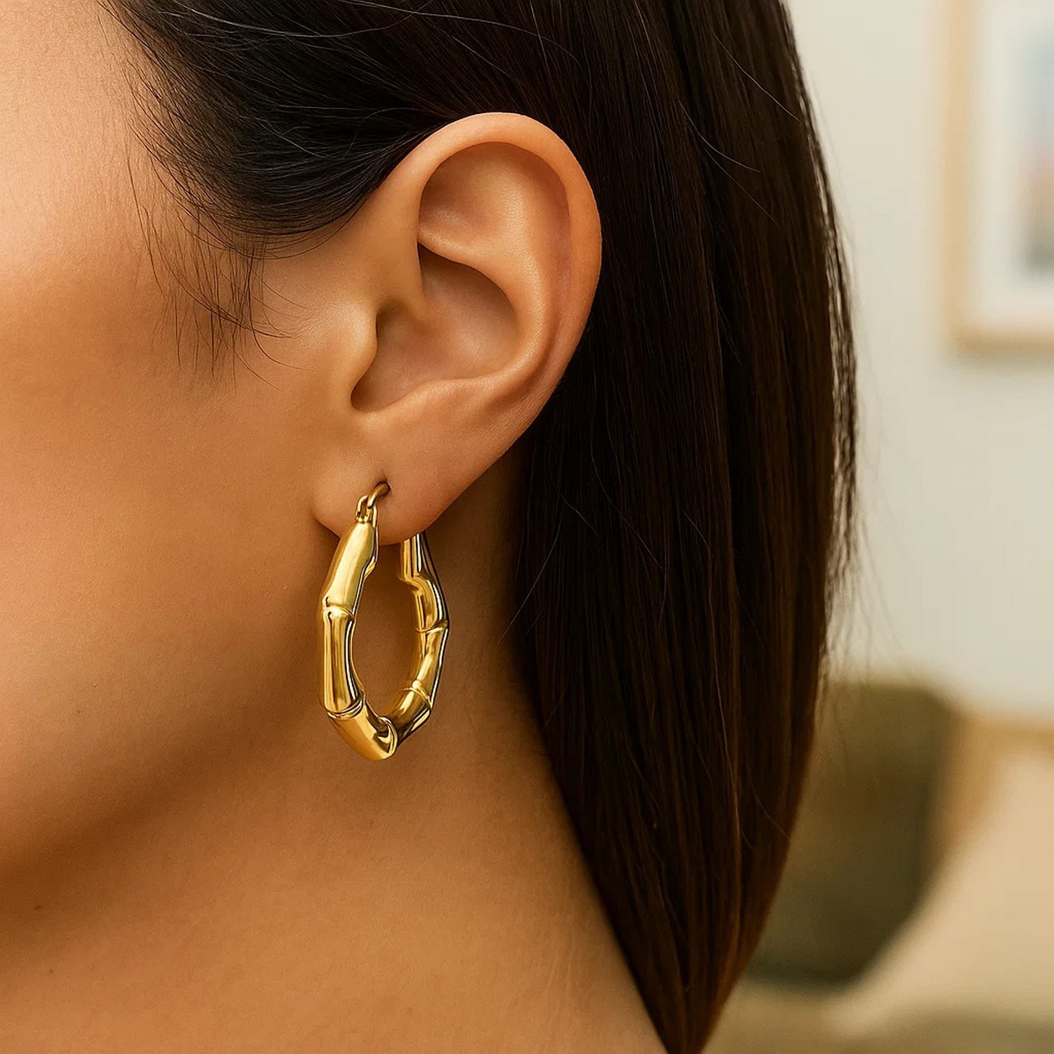 14k Yellow Gold Medium Bamboo Hoop Earrings - Image 5