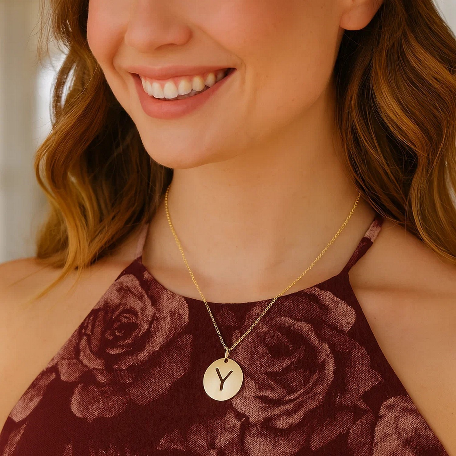 14K Yellow Gold Disc Initial Y Pendant - Image 2
