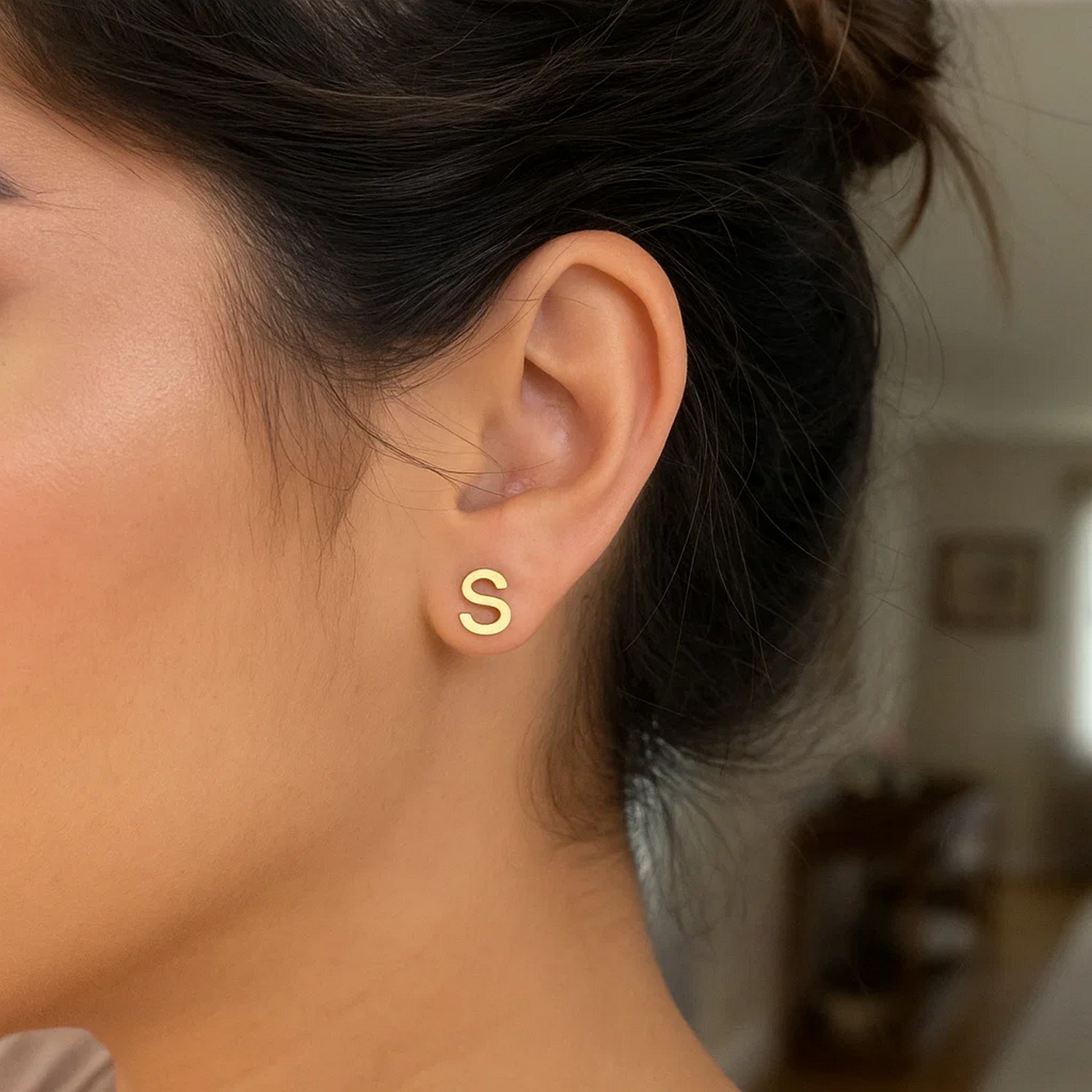 14K Yellow Gold Yours Truly Initial S Stud Earrings - Image 2