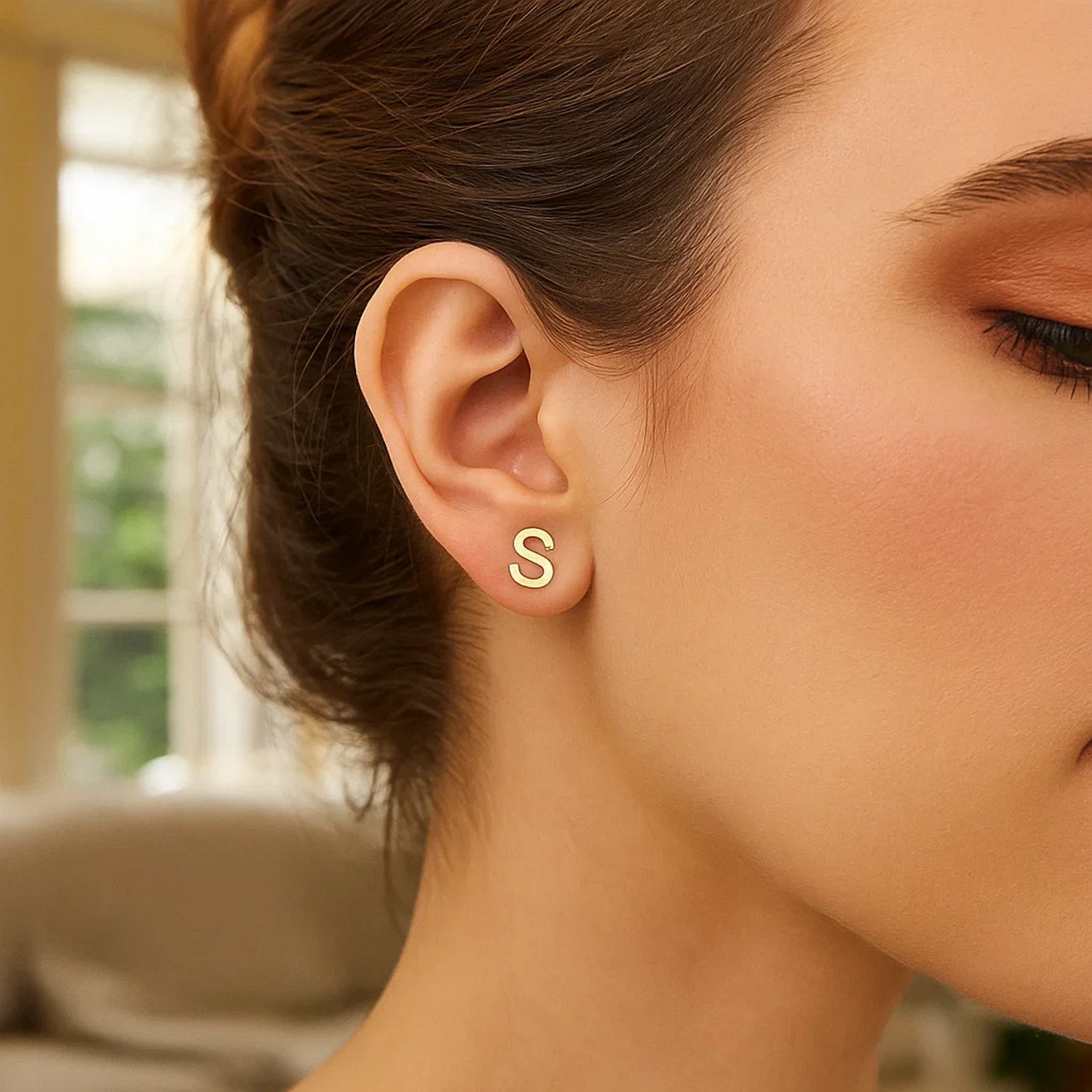 14K Yellow Gold Yours Truly Initial S Stud Earrings - Image 3