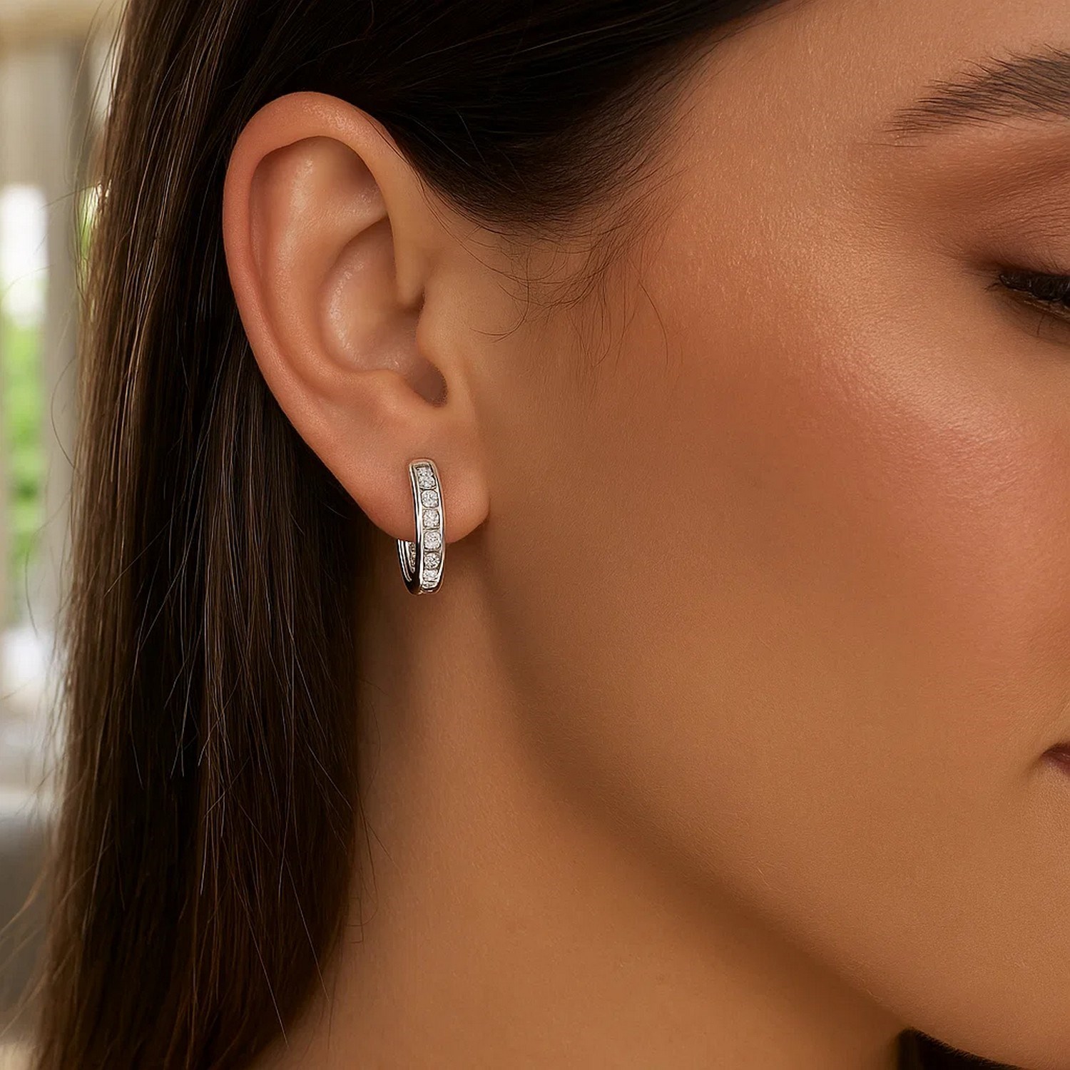 Sterling Silver Oval Hoop Earrings with Cubic Zirconias(3x15mm) - Image 2