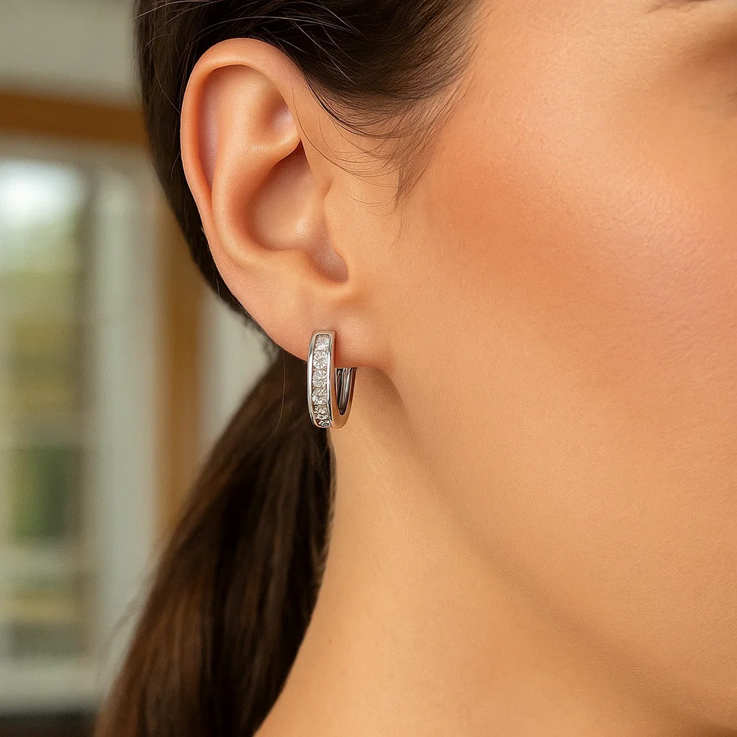 Sterling Silver Oval Hoop Earrings with Cubic Zirconias(3x15mm) - Image 3