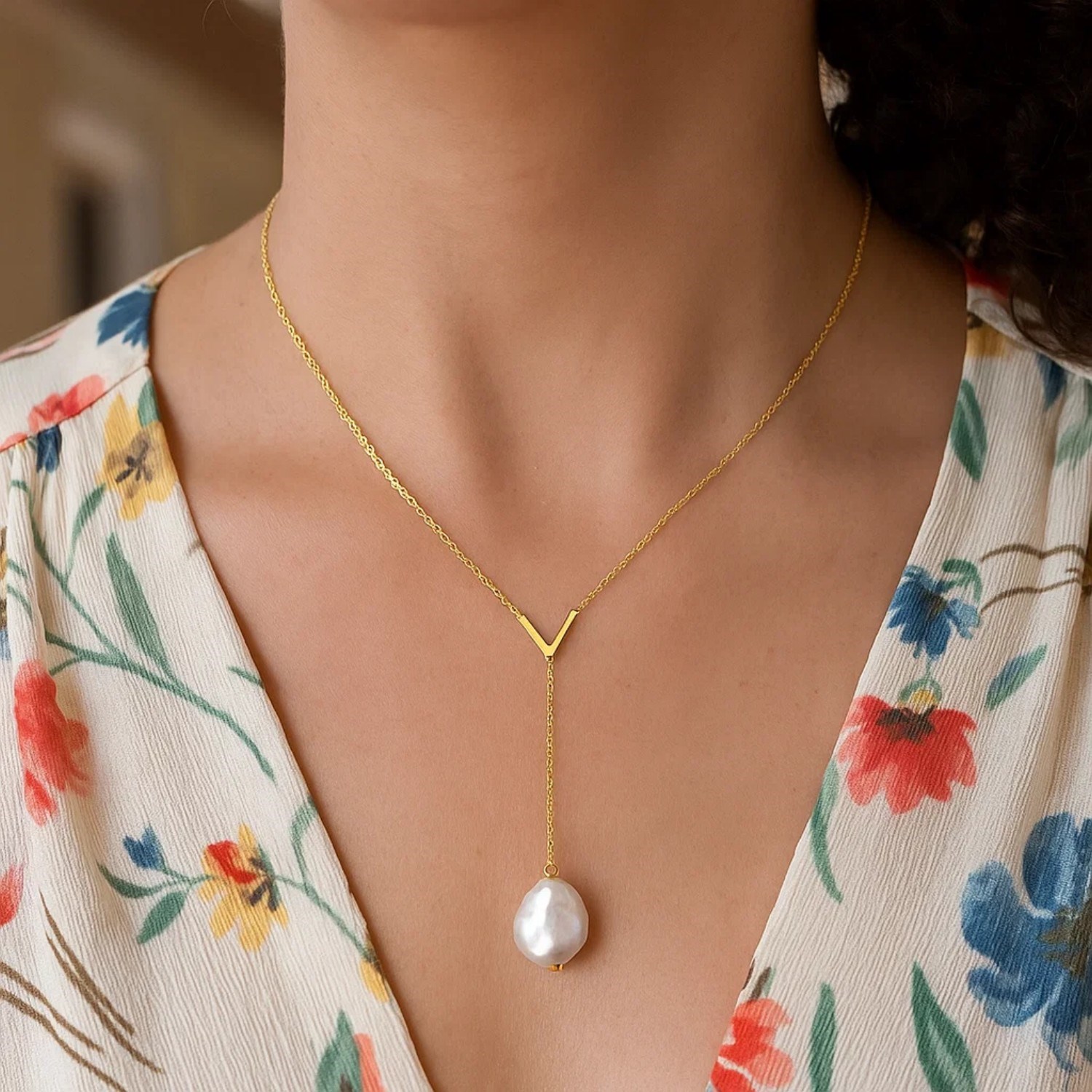 14k Yellow Gold Tesoro Pearl Lariat Necklace - Image 6