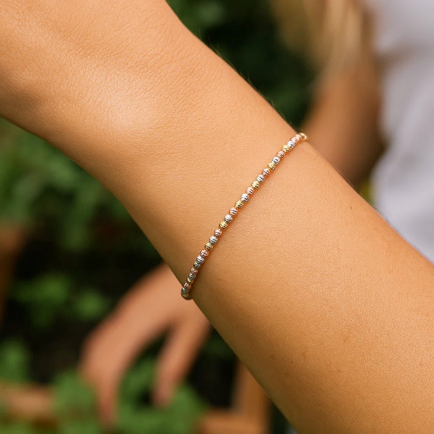 10K Yellow Gold Tricolor Diamond Cut Bead Bracelet - Image 5
