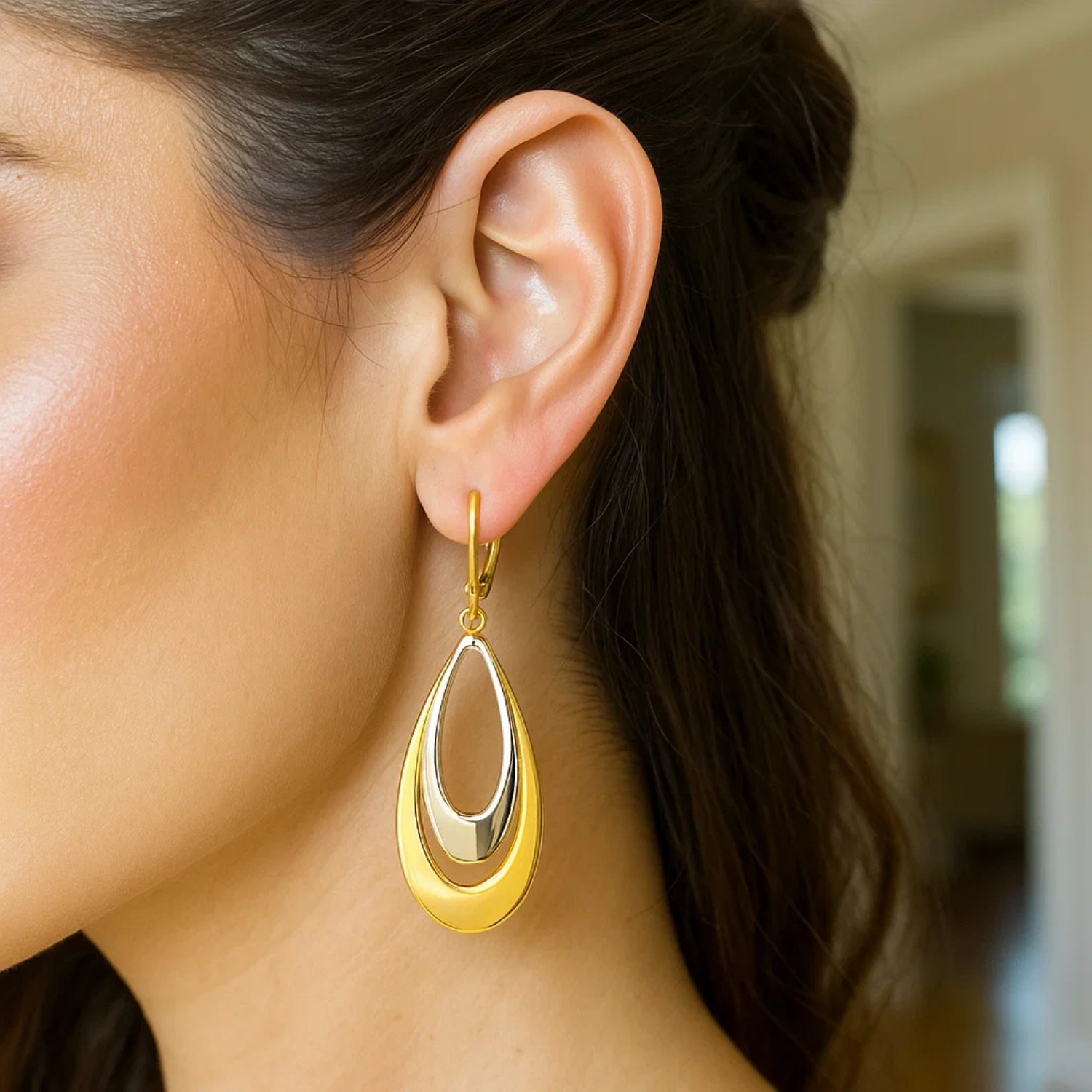 14k Two-Tone Gold Graduated Open Double Teardrop Earrings - Image 2