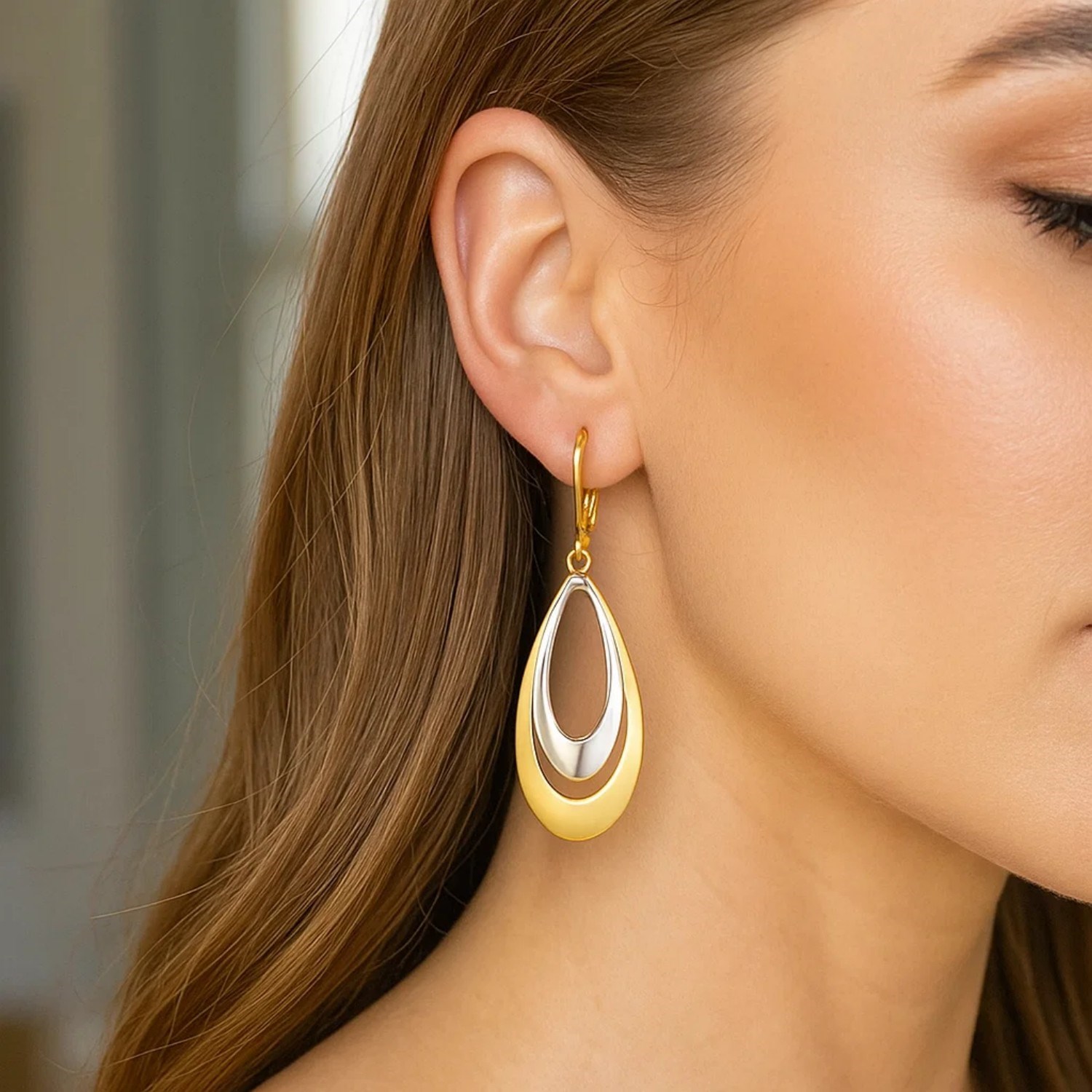 14k Two-Tone Gold Graduated Open Double Teardrop Earrings - Image 3