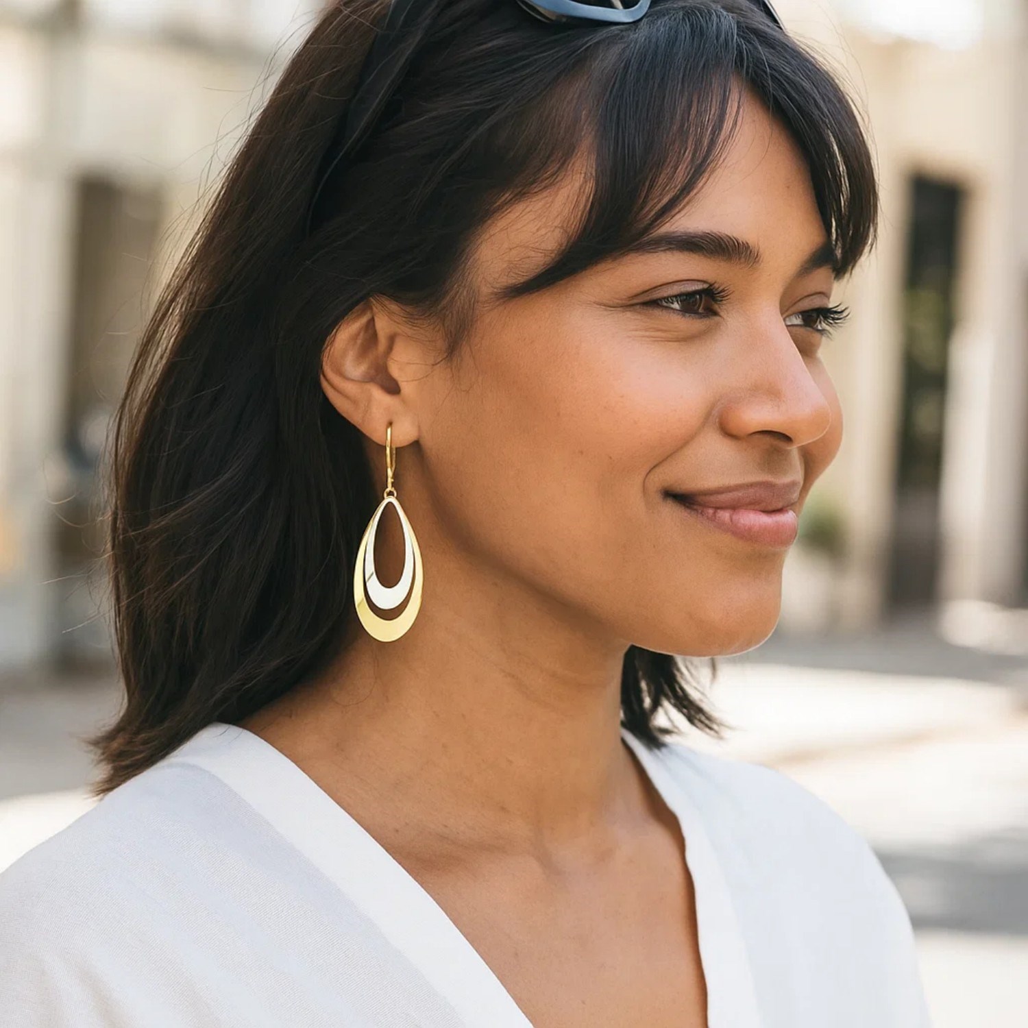 14k Two-Tone Gold Graduated Open Double Teardrop Earrings - Image 5