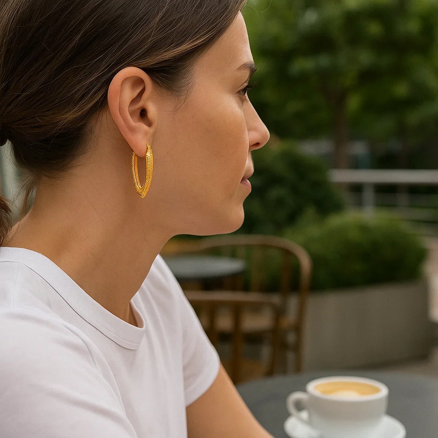 14k Yellow Gold V Shaped Puffed Hoop Earrings - Image 2