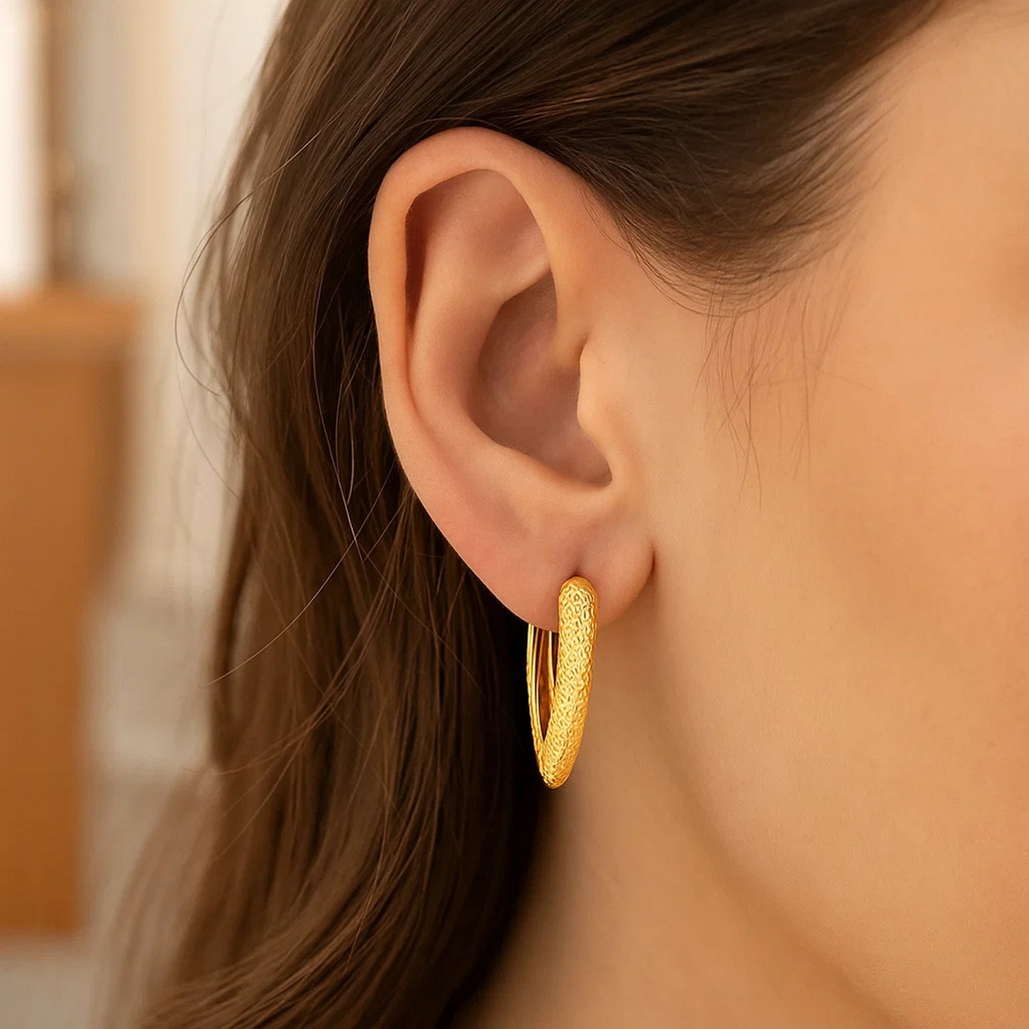 14k Yellow Gold V Shaped Puffed Hoop Earrings - Image 3