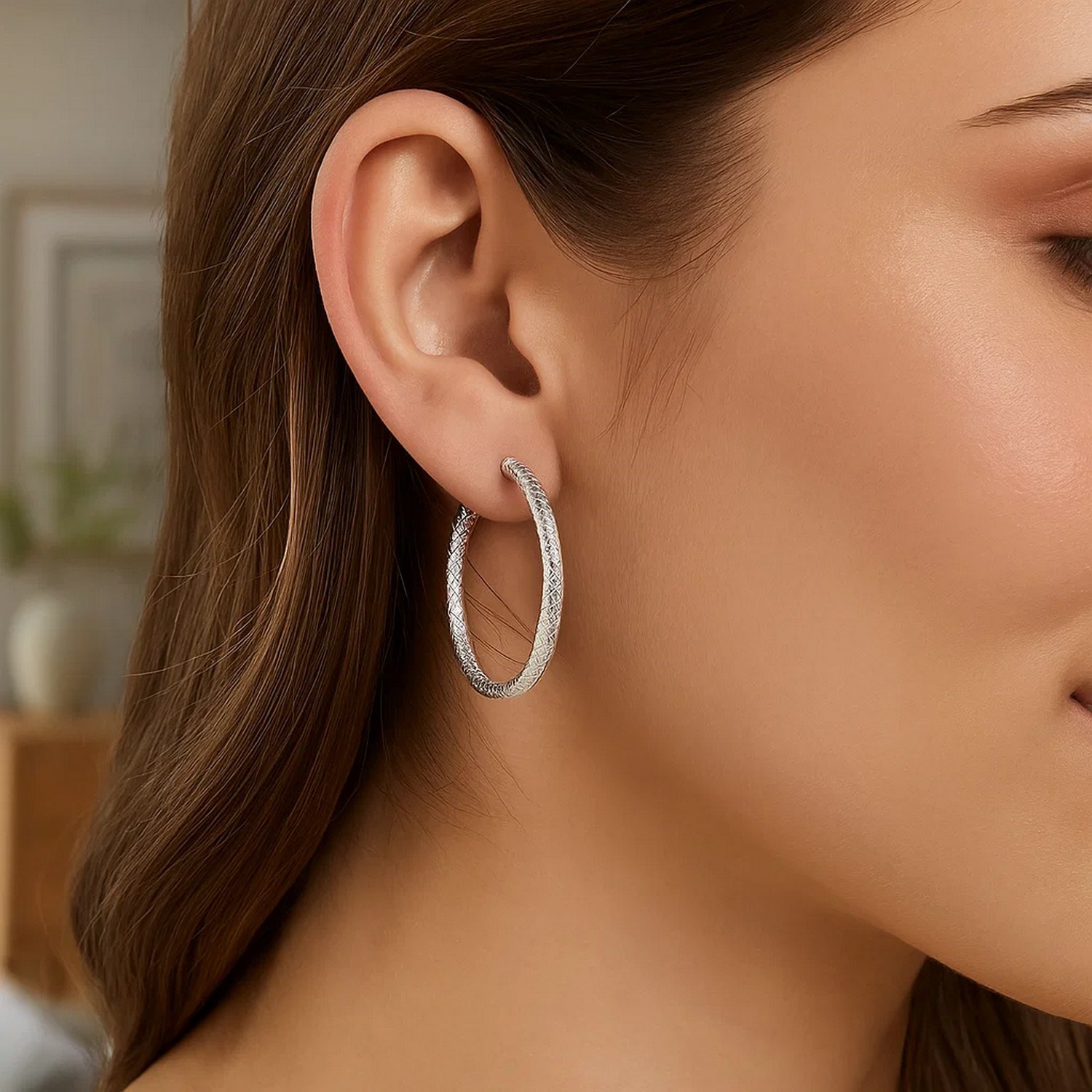 Sterling Silver Large Hoop Earrings with Braid Texture(3x35mm) - Image 2