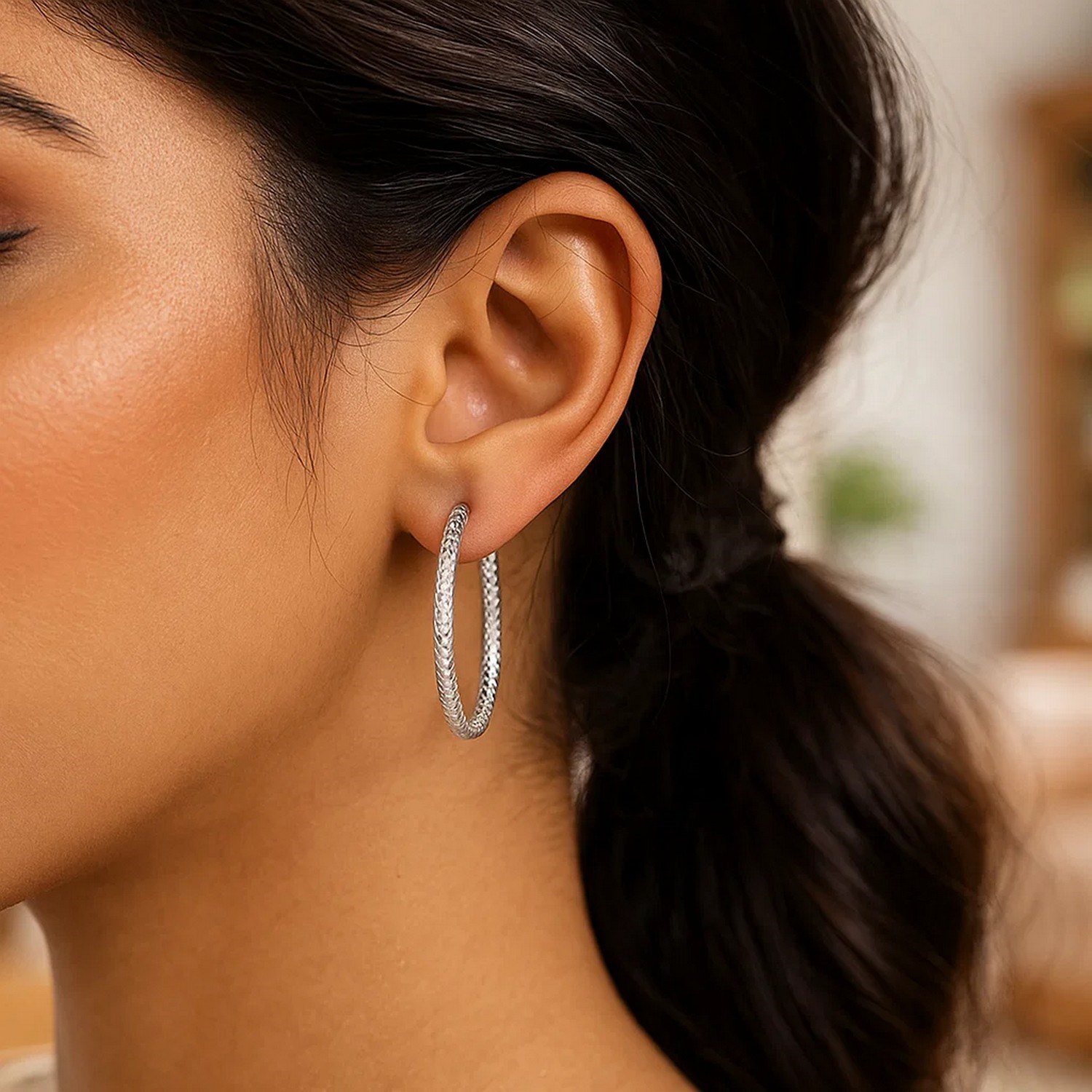 Sterling Silver Large Hoop Earrings with Braid Texture(3x35mm) - Image 3