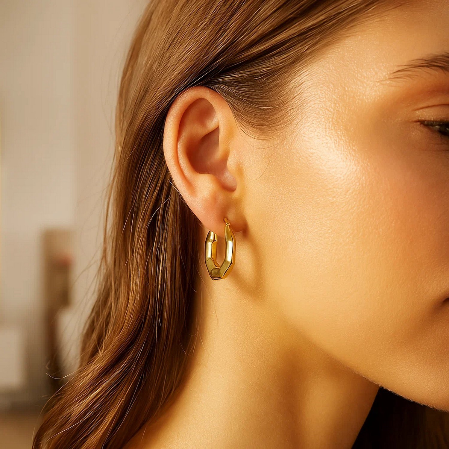 14k Yellow Gold Octagon Hoop Earrings - Image 2