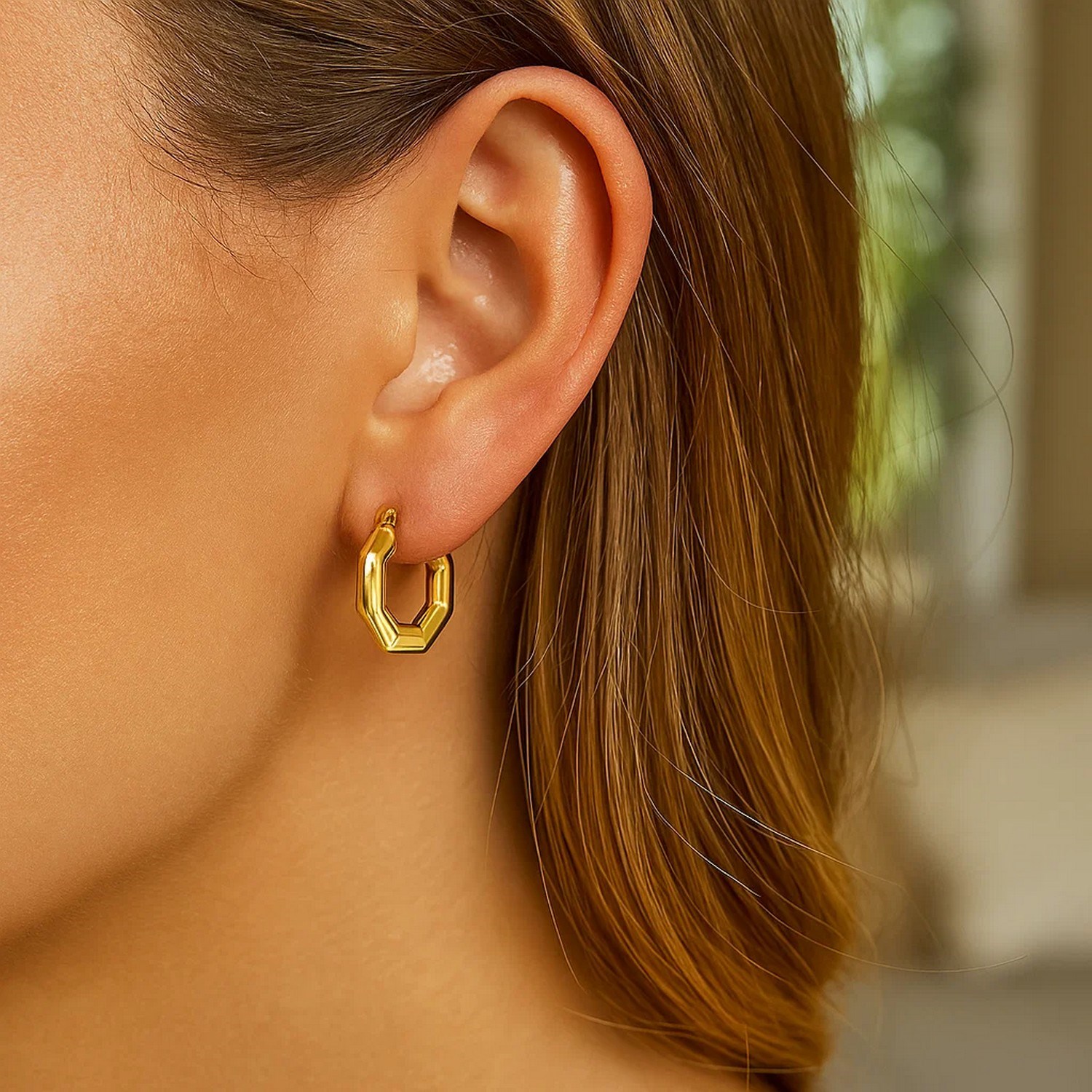 14k Yellow Gold Octagon Hoop Earrings - Image 3