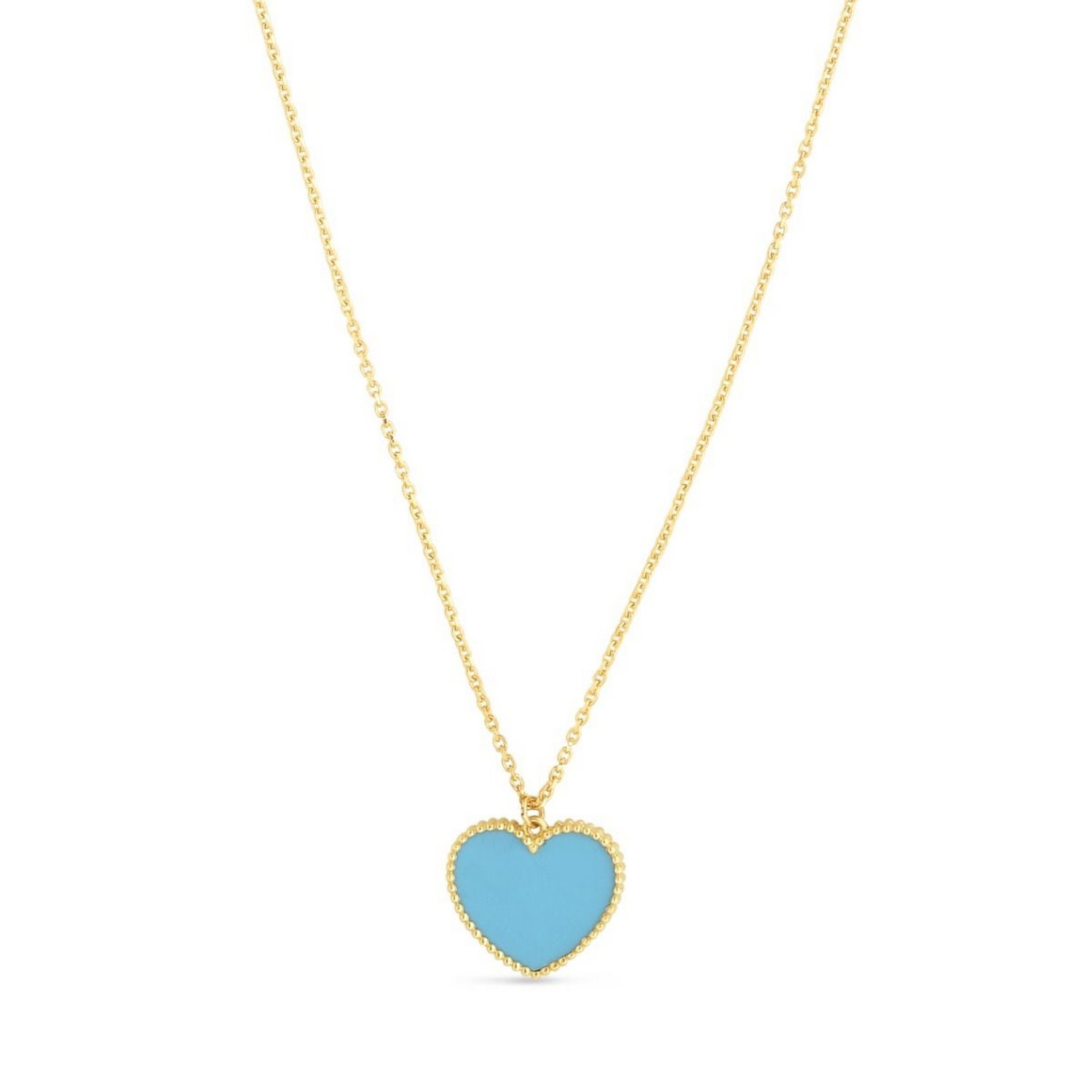 14k Yellow Gold High Polish Heart Turquoise Paste Necklace - Image 2