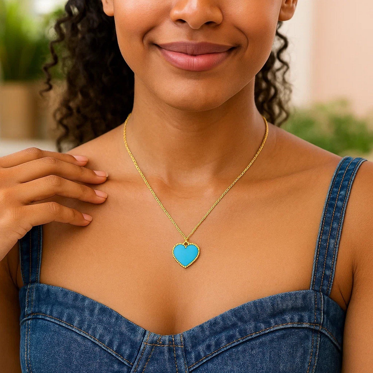 14k Yellow Gold High Polish Heart Turquoise Paste Necklace - Image 4