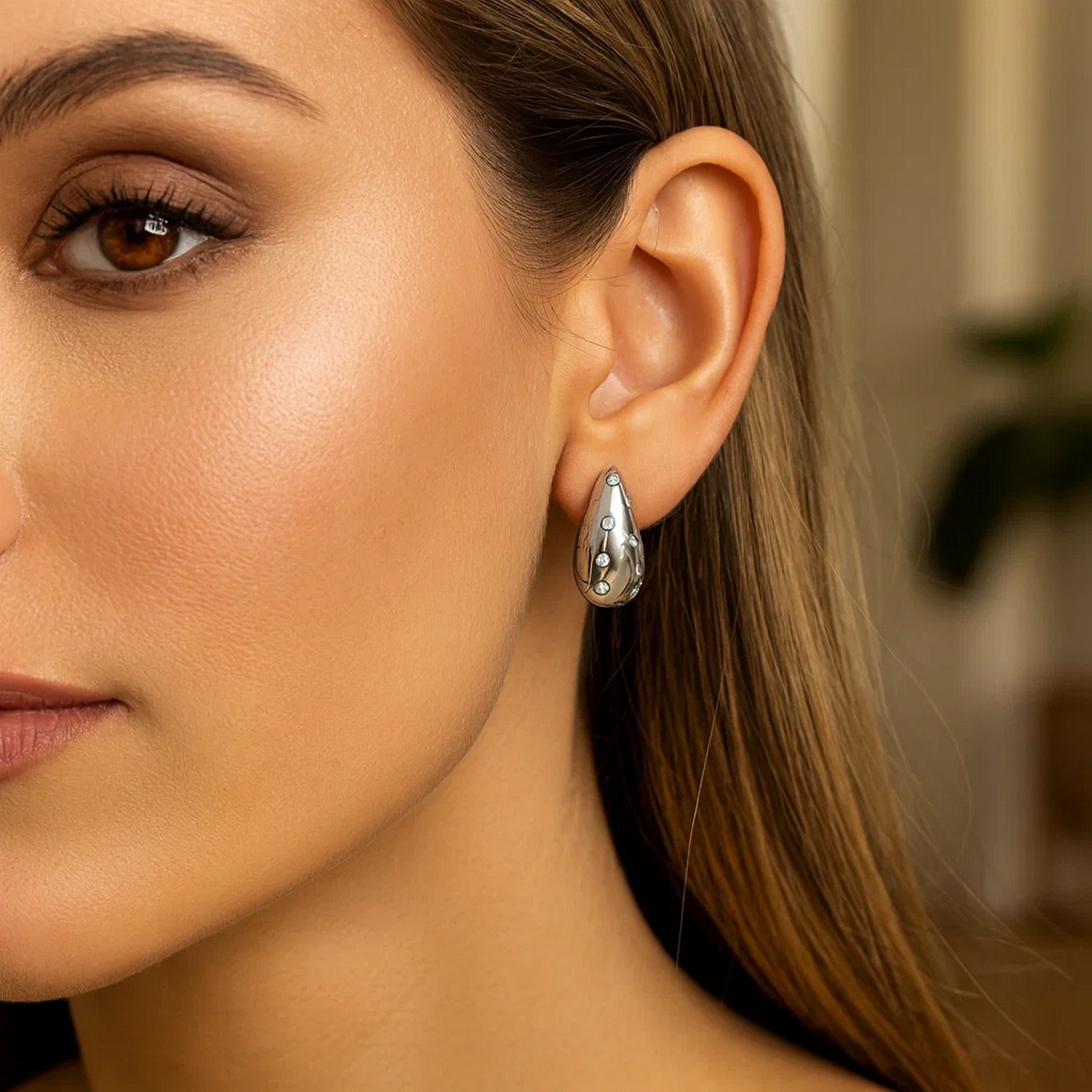 Sterling Silver Puffed Raindrop with Cubic Zirconia Stones Earrings - Image 3