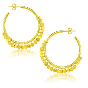 14k Yellow Gold Hoop Style Earrings with Dangling Sequins(1.5x30mm)