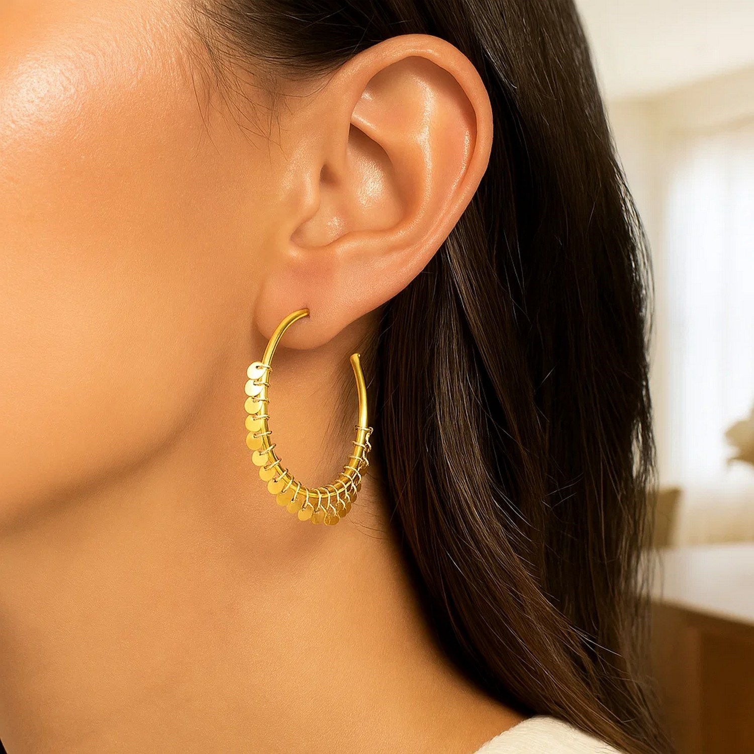 14k Yellow Gold Hoop Style Earrings with Dangling Sequins(1.5x30mm) - Image 2