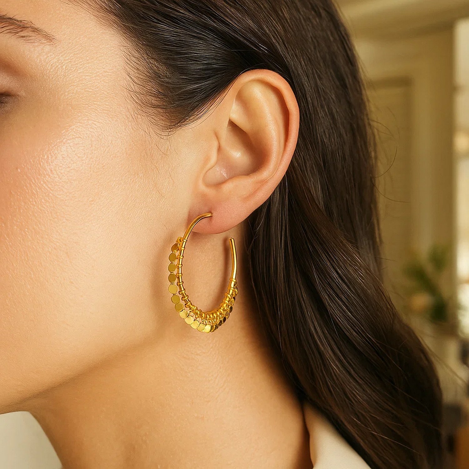 14k Yellow Gold Hoop Style Earrings with Dangling Sequins(1.5x30mm) - Image 3