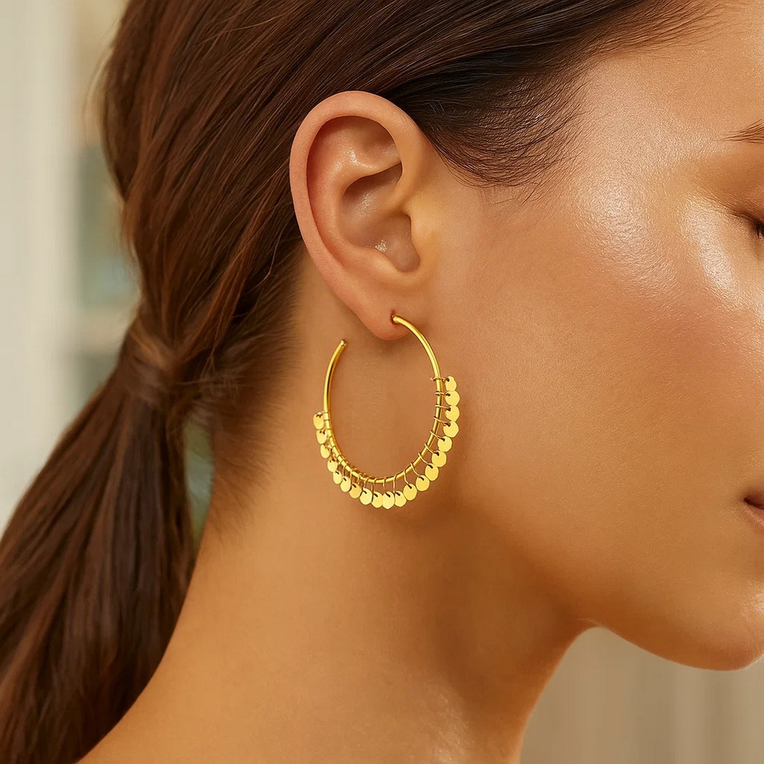 14k Yellow Gold Hoop Style Earrings with Dangling Sequins(1.5x30mm) - Image 4