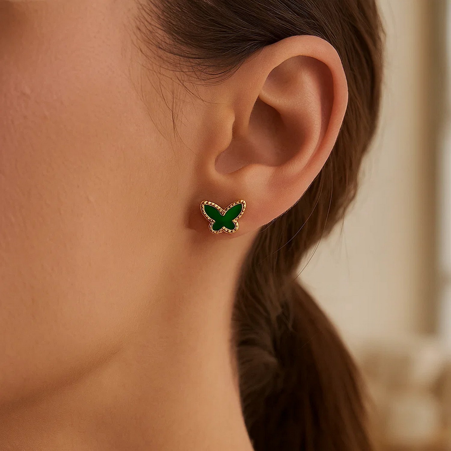 14K Yellow Gold Primavera Malachite Butterfly Stud Earrings - Image 3